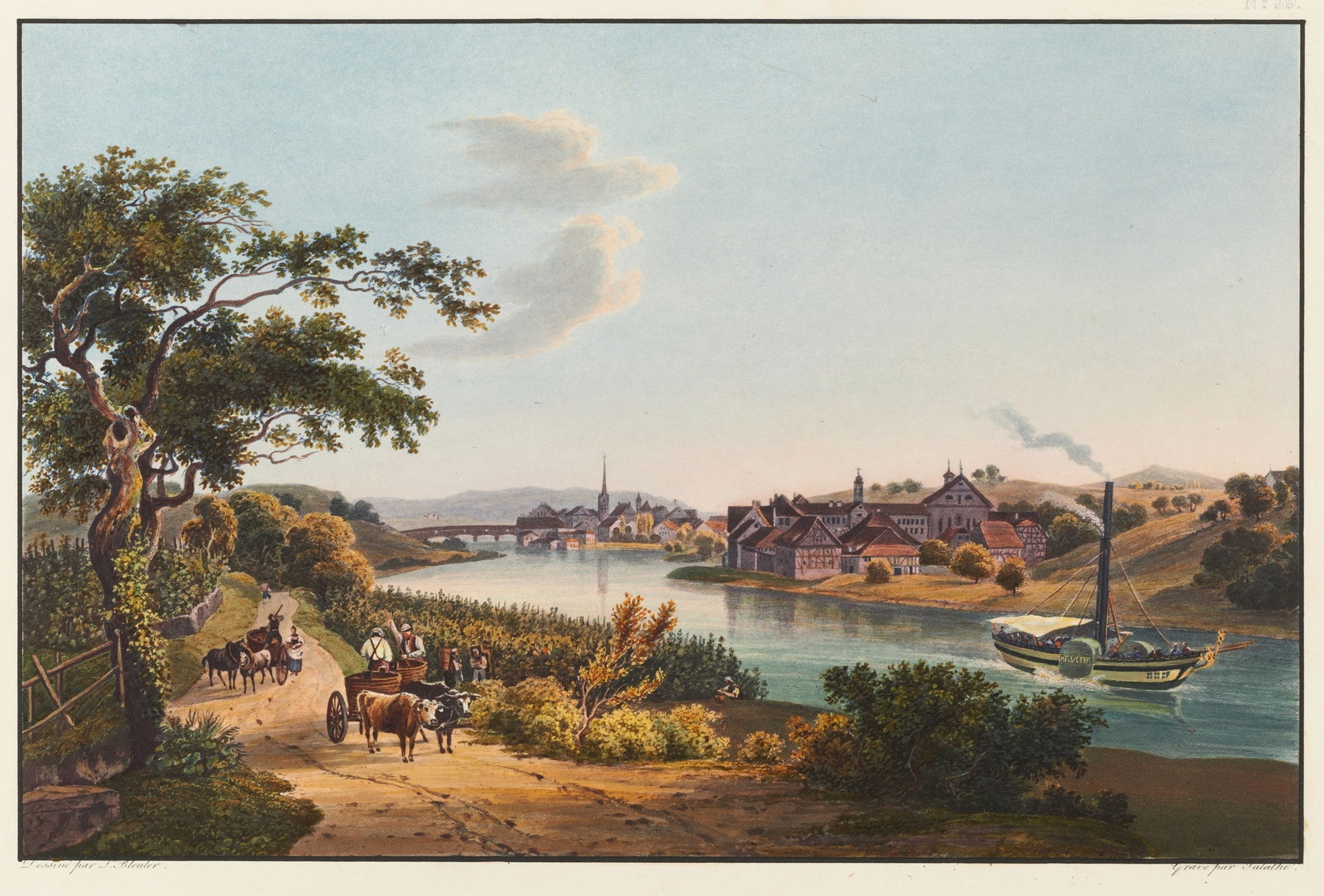 Landscape with a river and village at sunset, oil painting by Johann Ludwig Bleuler