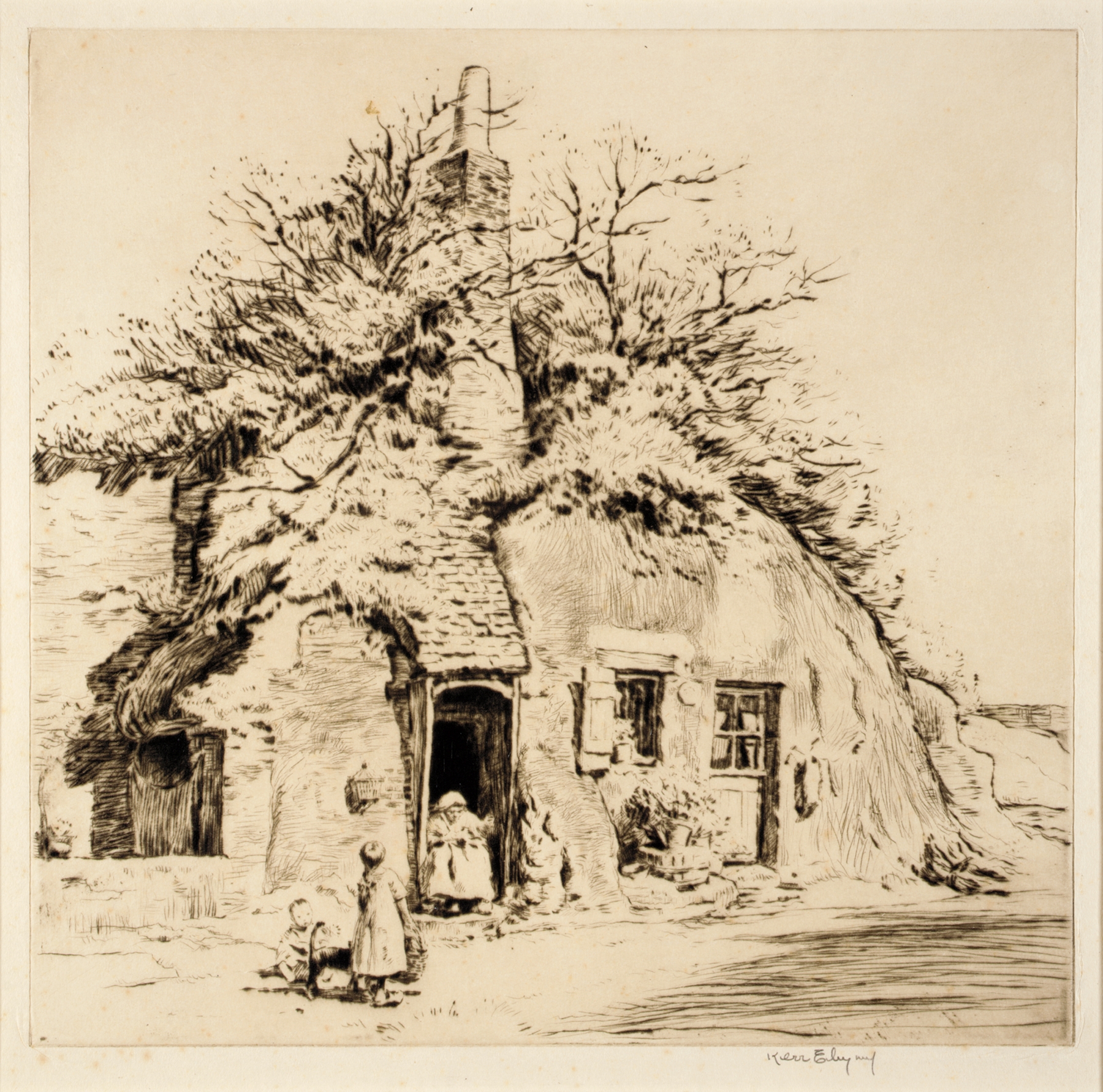 Cave Dwellers etching by Kerr Eby, featuring figures enveloped in shadows and illuminated by light.