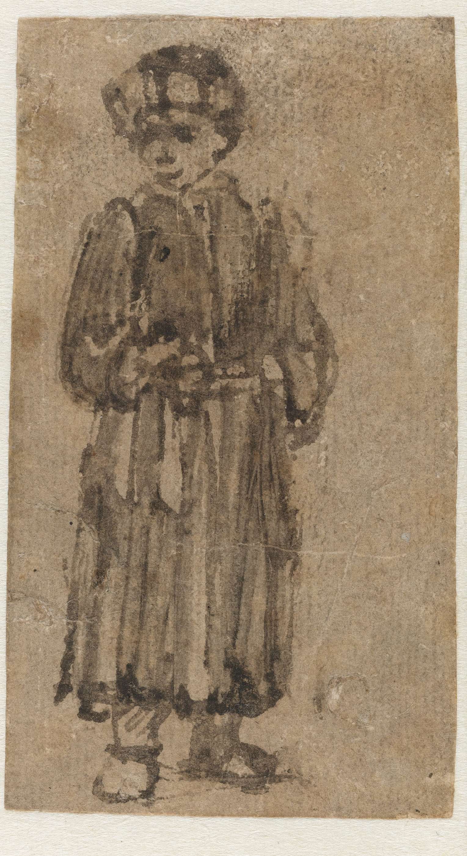 Portrait of a young boy in earthy tones, standing still, by Willem Drost, paper medium