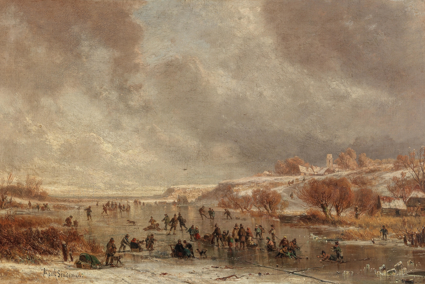 Genre scene depicting skaters on ice at dusk, oil painting by Adolf Stademann
