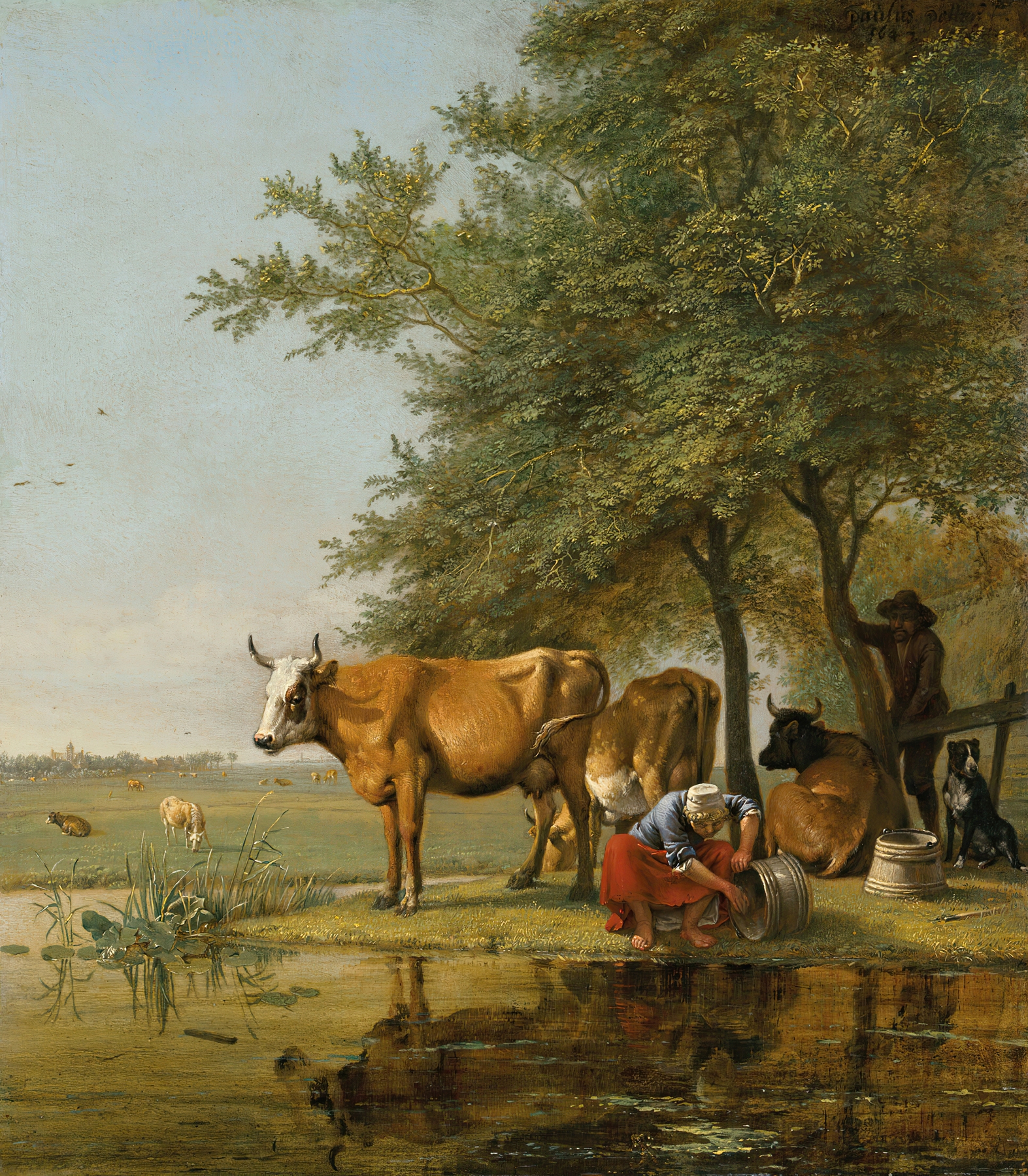 Landscape with cattle and a woman cleaning a bucket by a stream, by Paulus Potter, public domain