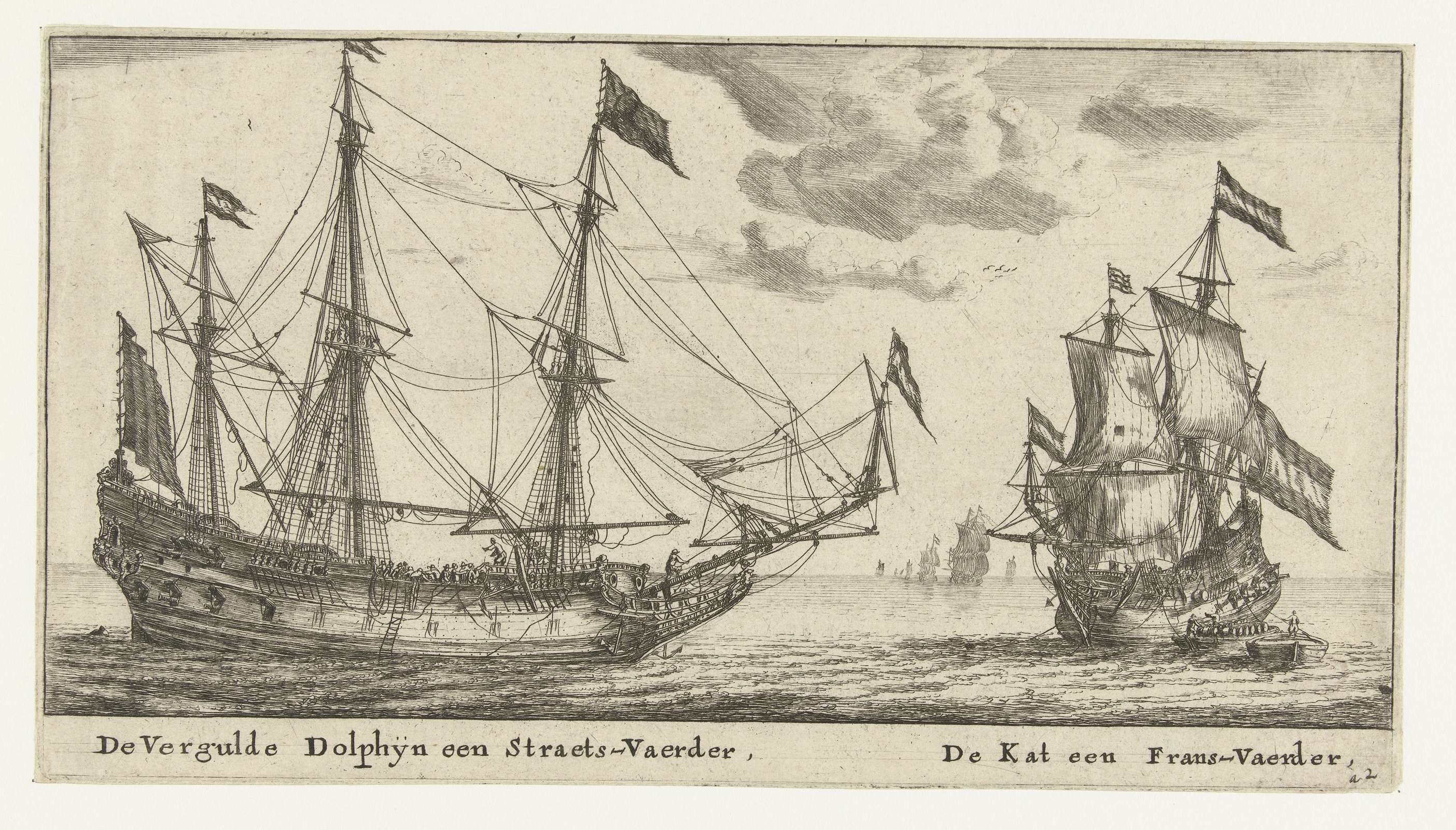 Etching by Reinier Nooms depicting De Vergulde Dolfijn and De Kat sailing on tranquil waters.