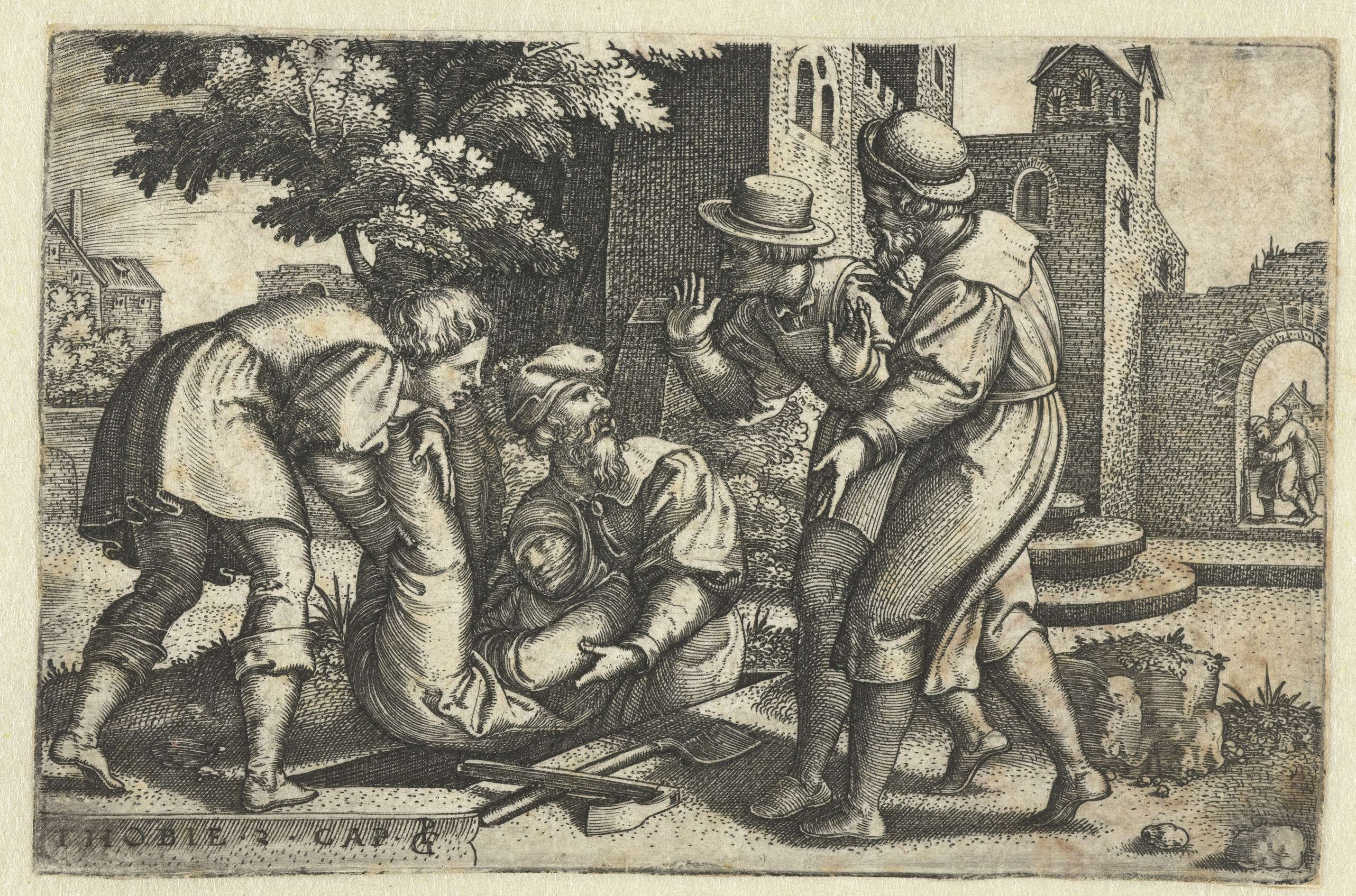 Engraving by Georg Pencz depicting Tobit and Tobias mourning a lifeless body.