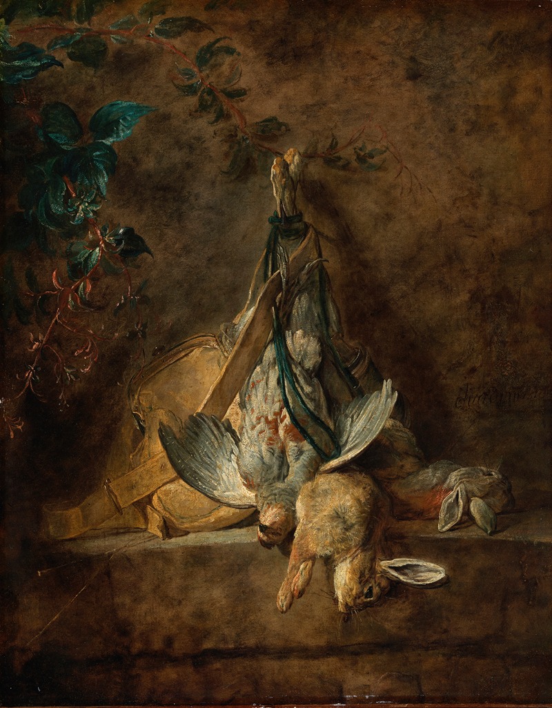 A still life painting featuring two rabbits and a grey partridge.