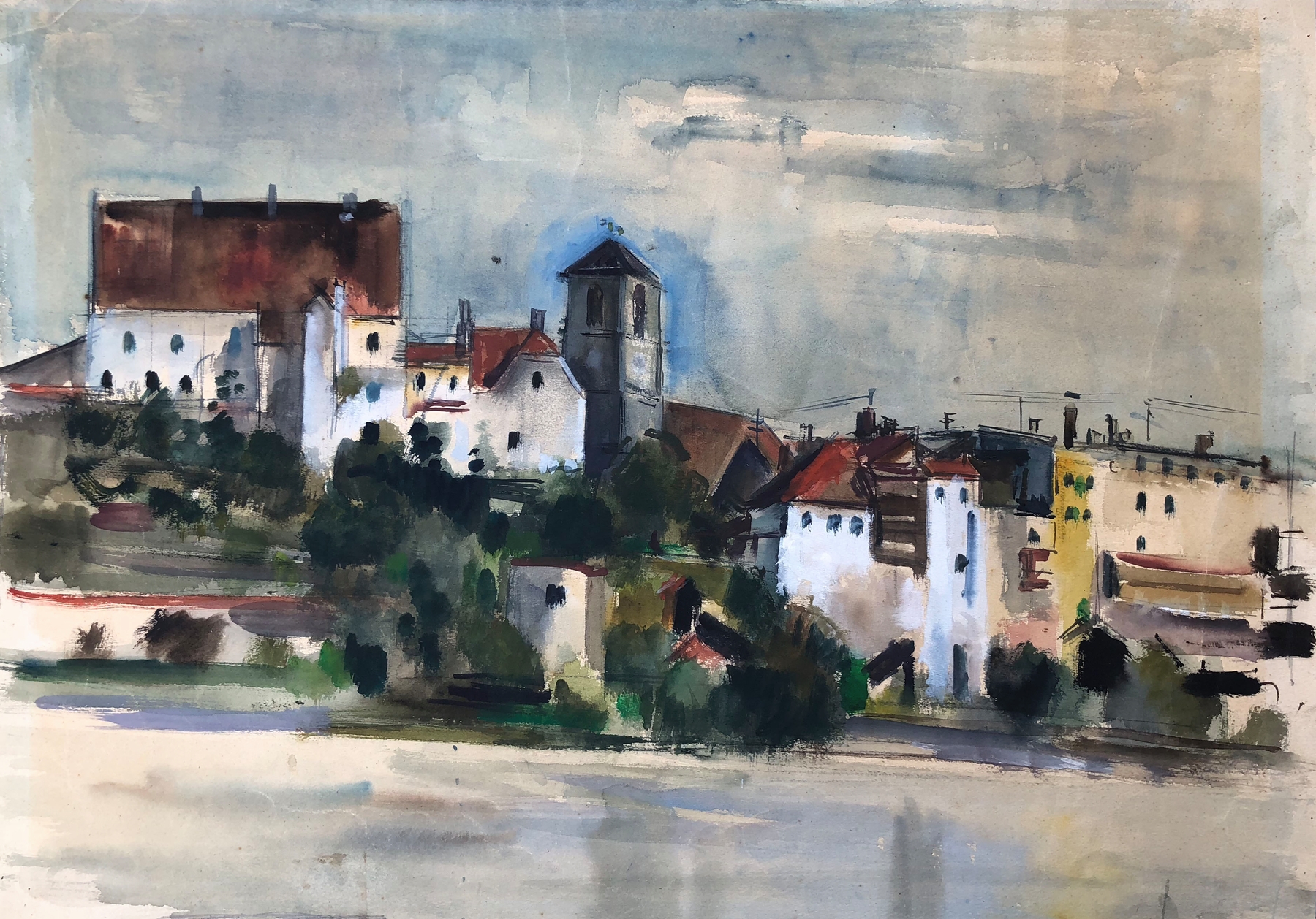 Wasserburg am Inn – Innpartie by Otto Geigenberger, oil painting depicting a tranquil village by a river.