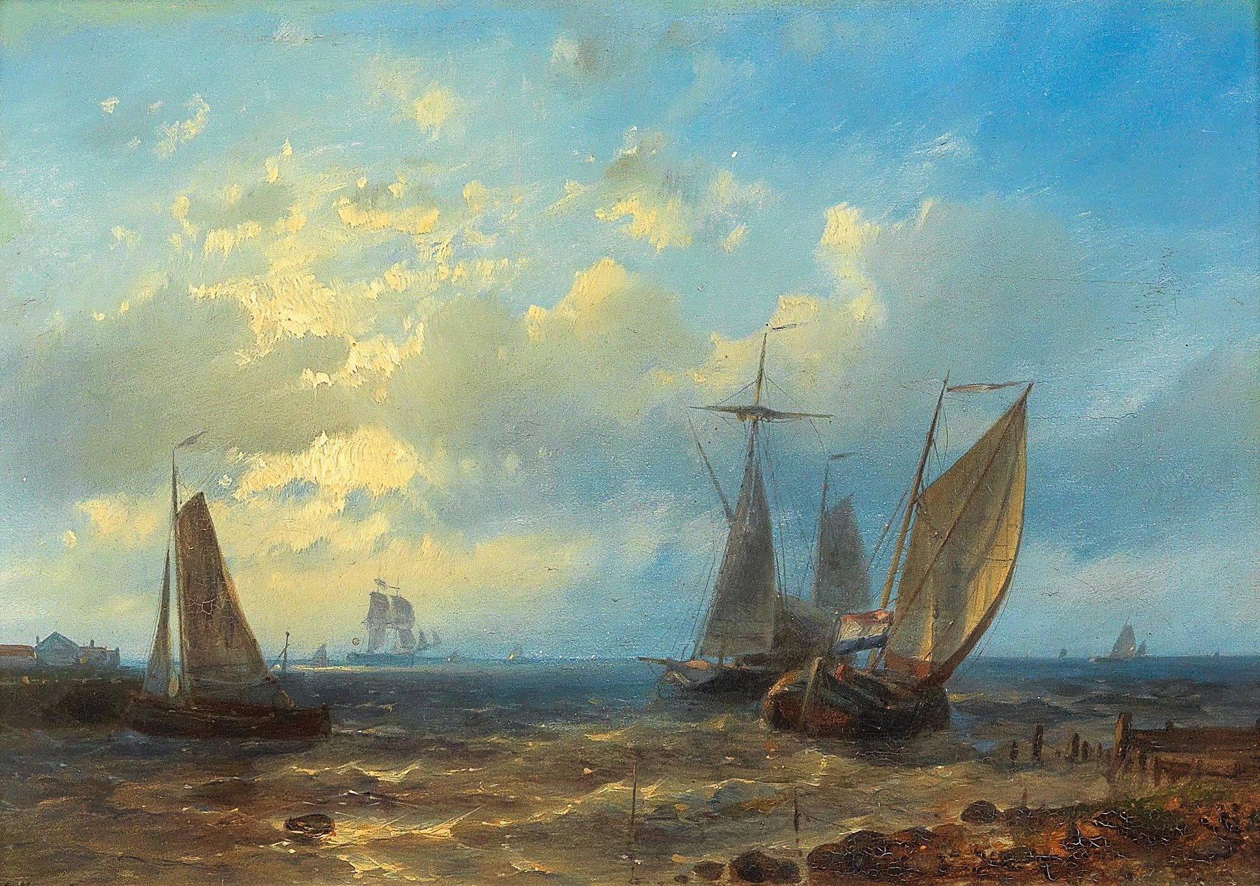 Fishing Boats By The Coast, oil on canvas by Abraham Hulk, depicting boats swaying on the sea under soft light.