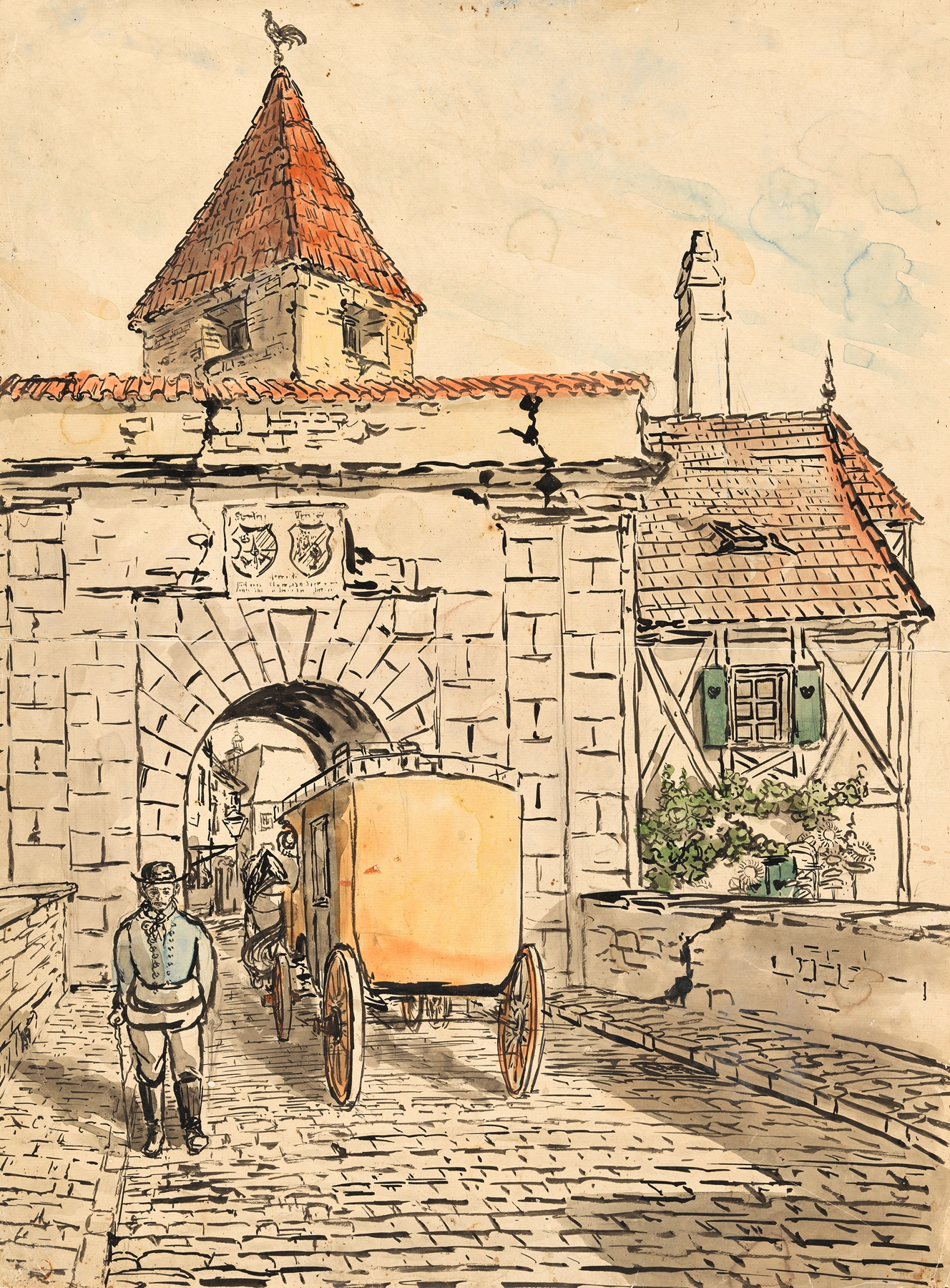 Stadttor mit Kutsche (Schülerarbeit), by Egon Schiele, public domain
