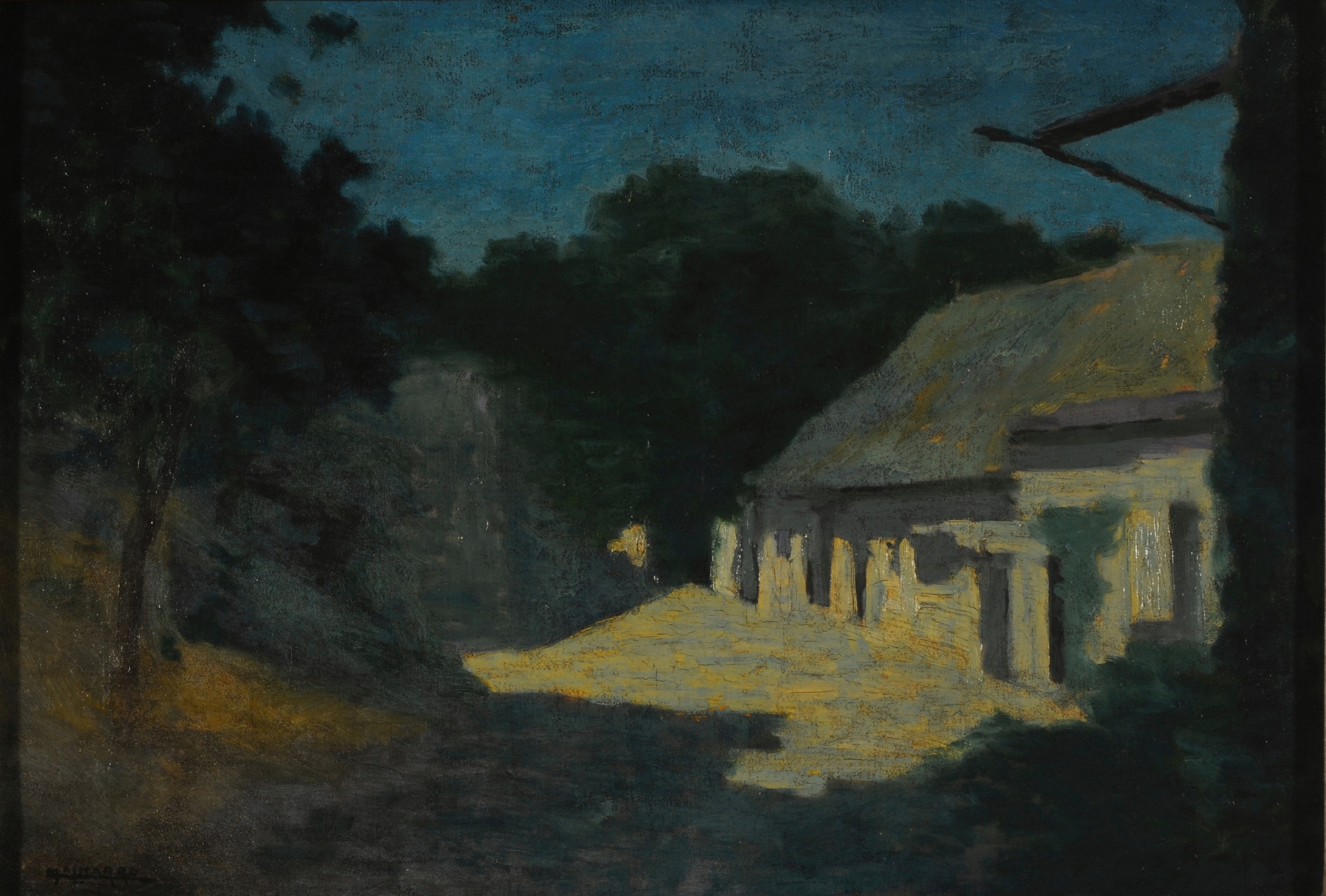 Nocturno by Martín Malharro, oil on canvas depicting a dark landscape with silhouettes.