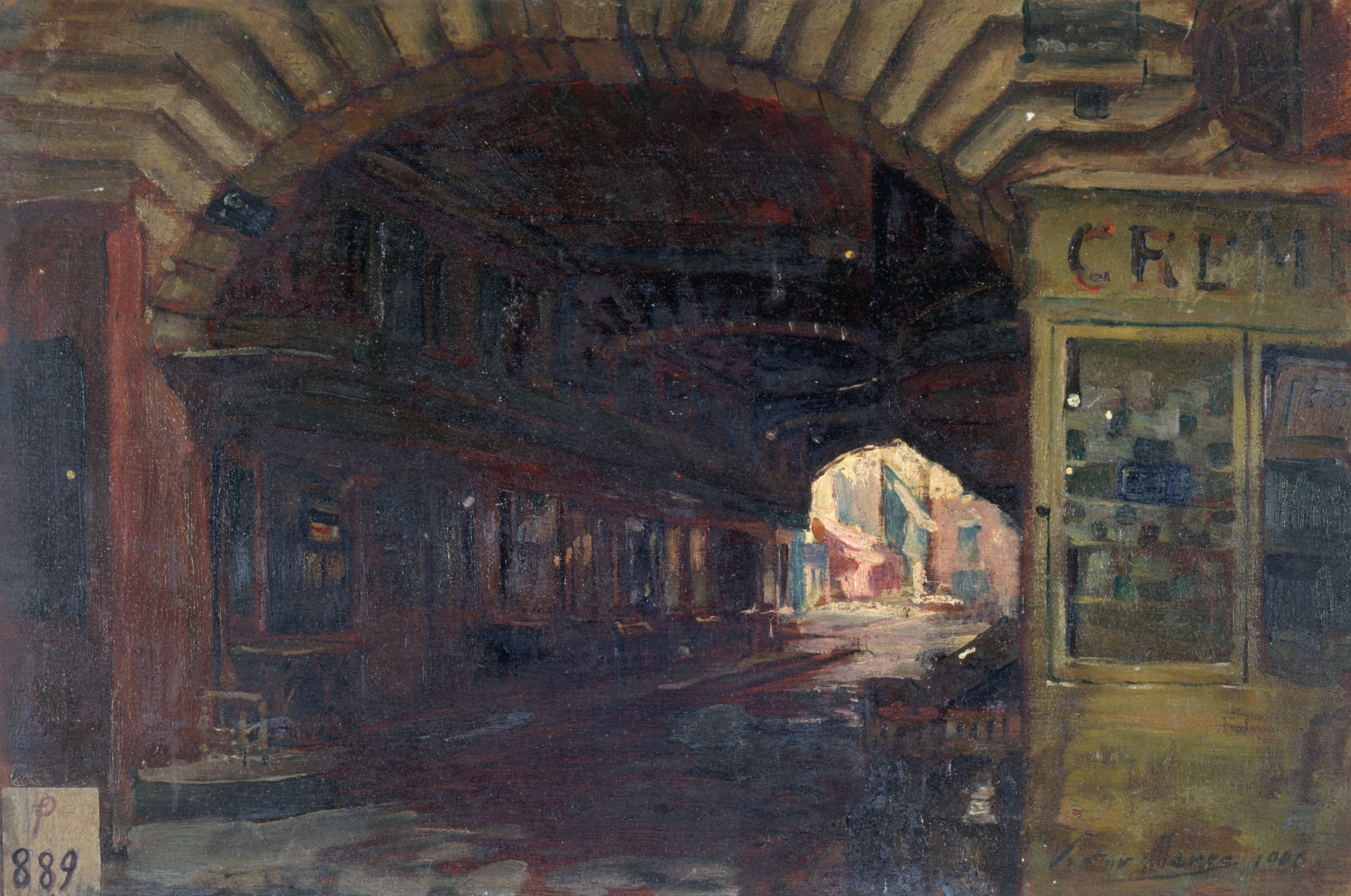 Oil on canvas by Victor Marec depicting a cloister entrance with soft light and muted colors.