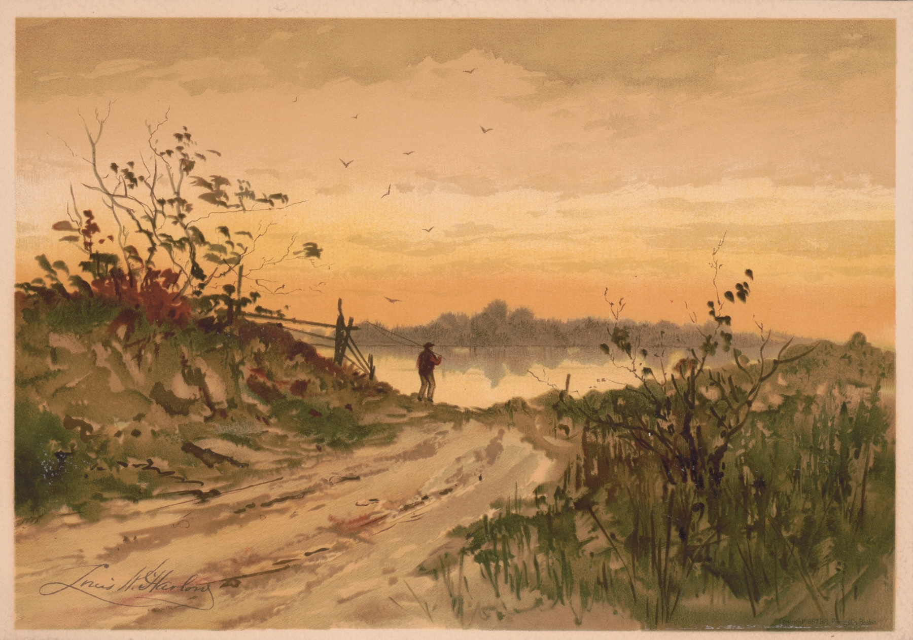 Impressionist landscape by Louis Kinney Harlow depicting a tranquil sunrise.