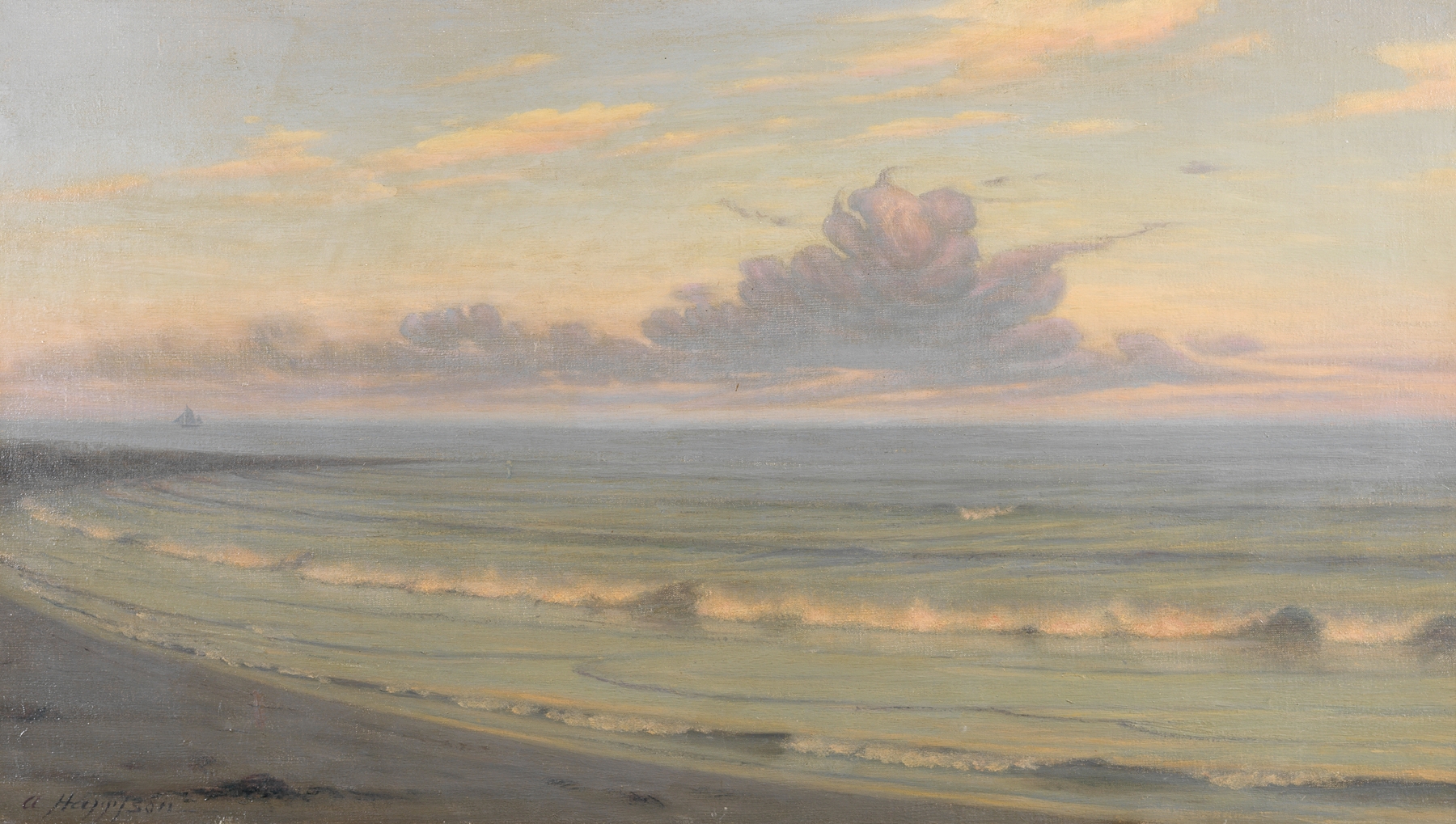 Beach at sunset by Thomas Alexander Harrison, oil painting depicting a serene shoreline with golden light.