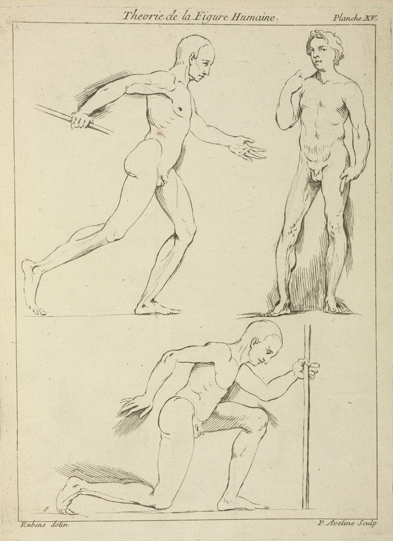 A painting depicting three male figures, one striding and one kneeling.
