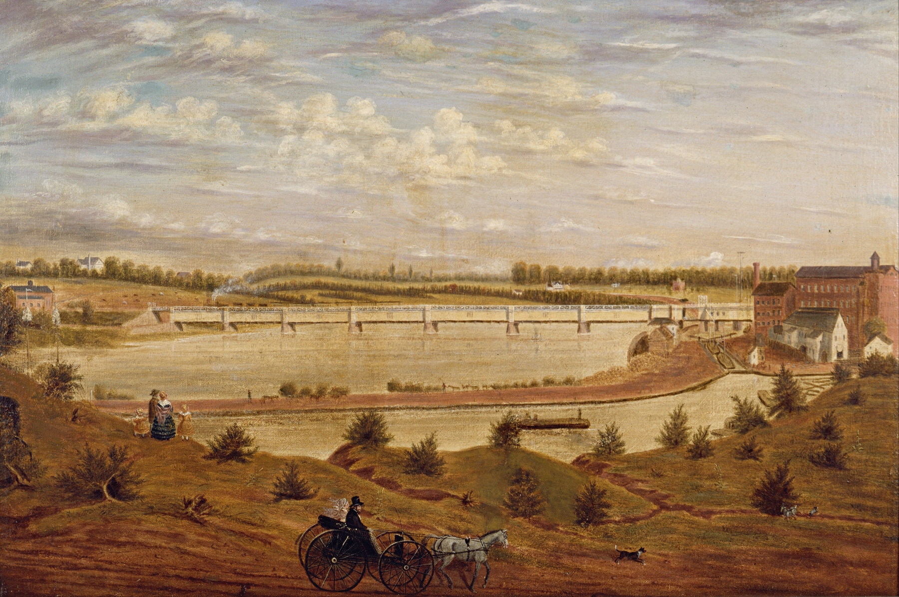 View of the New Brunswick Railroad Bridge by John Jesse Barker, realism, depicting a bridge over calm waters