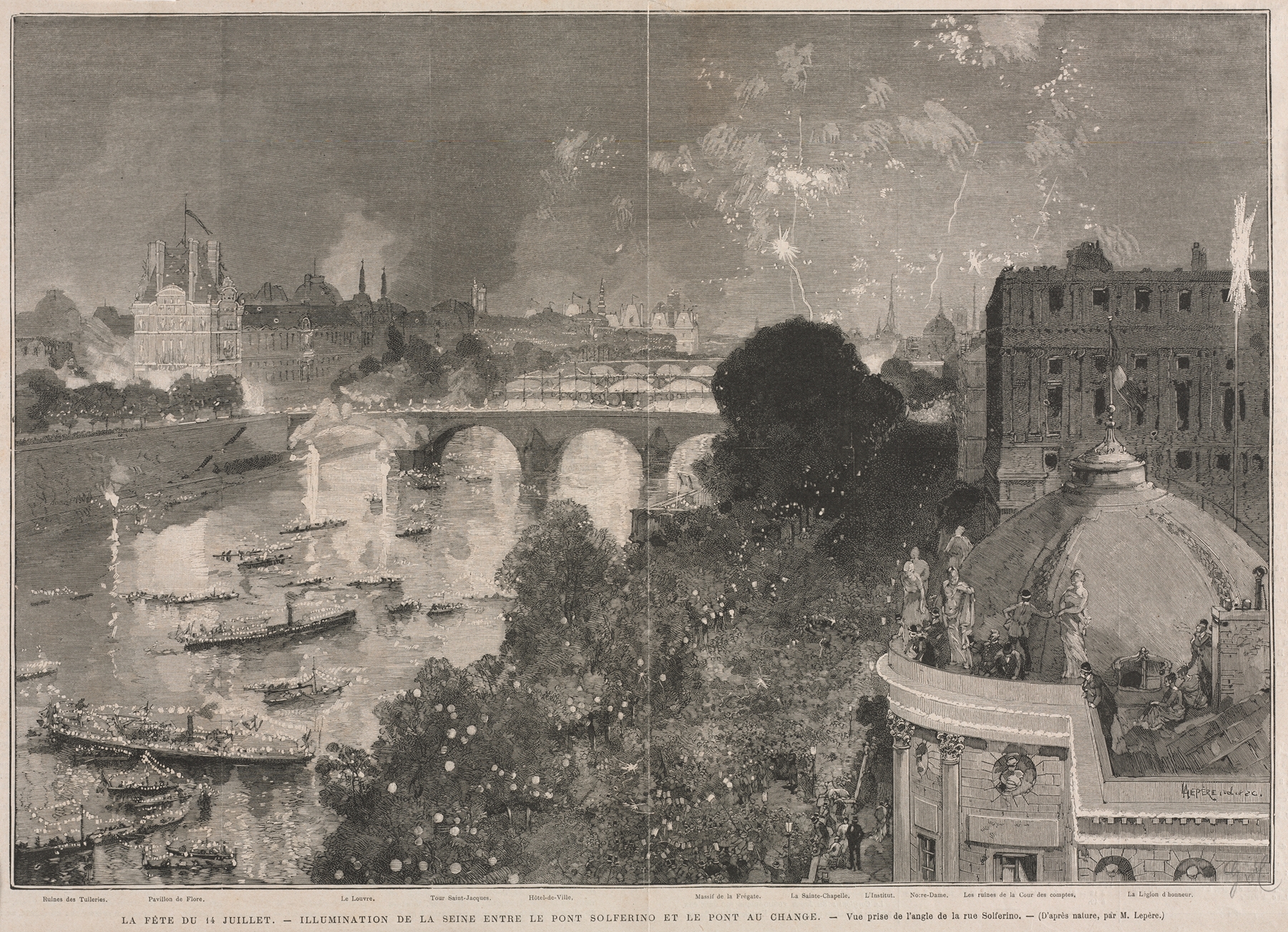 Engraving by Auguste Louis Lepère showing a crowd celebrating with fireworks at night.