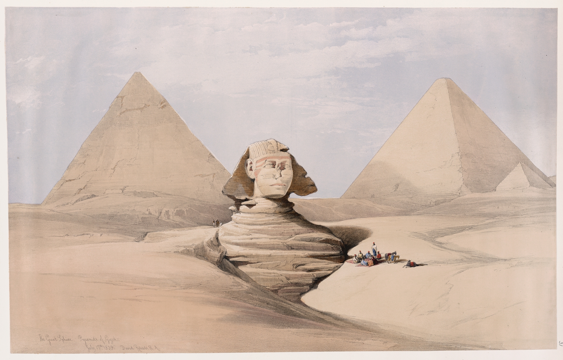 Watercolour by David Roberts depicting the Great Sphinx and Pyramids of Gizeh