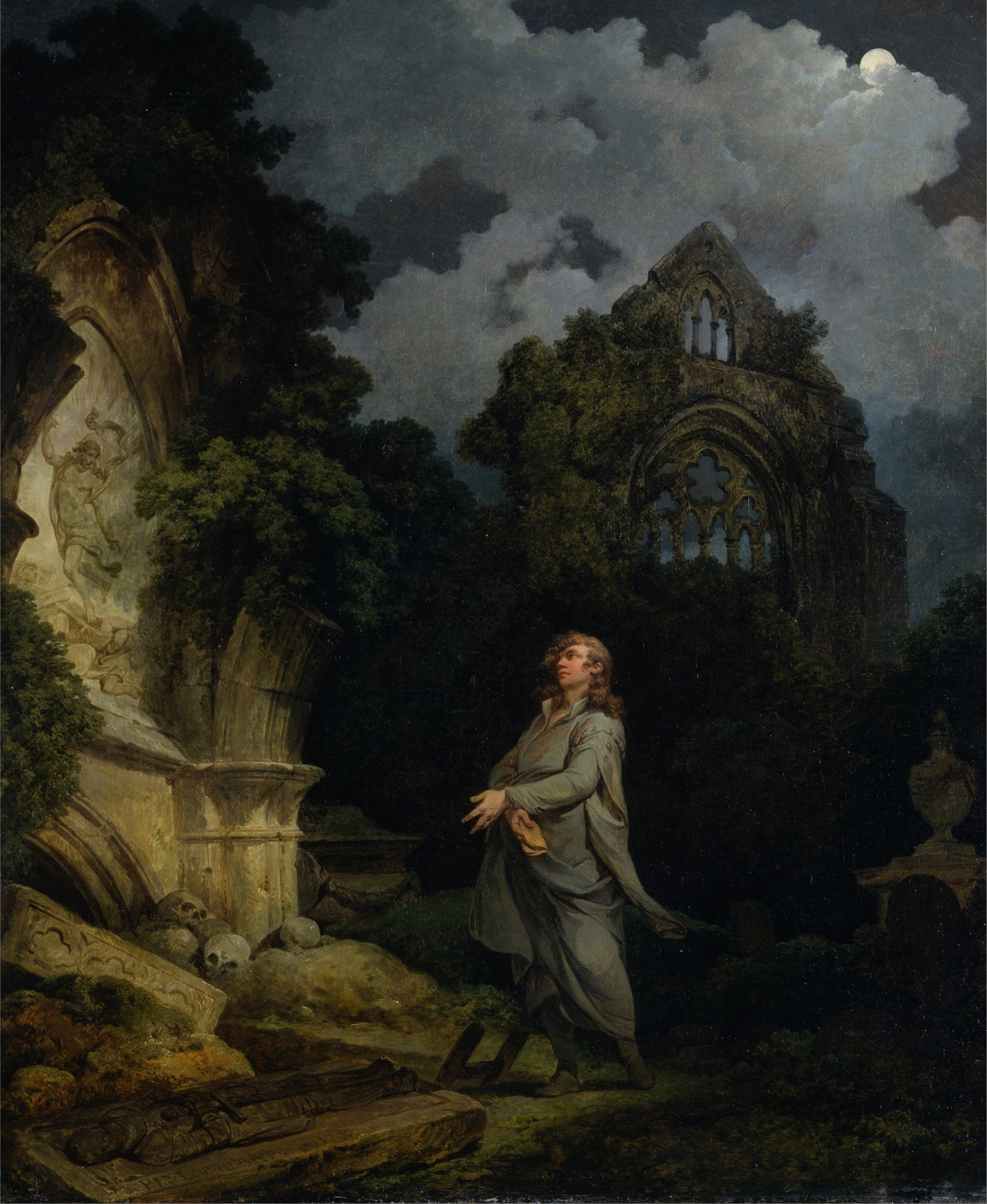 Moonlit graveyard scene with gravestones, oil on canvas by Philip James de Loutherbourg.