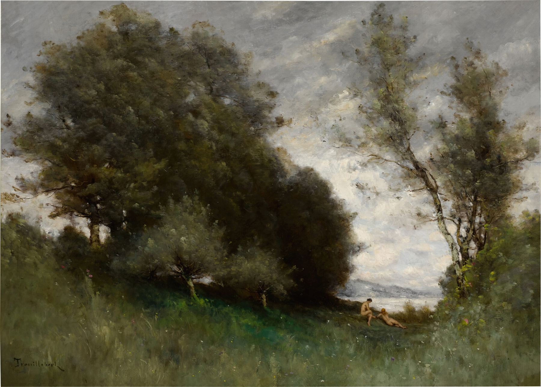 Figurative scene of bathers in a landscape by Paul Désiré Trouillebert, oil painting