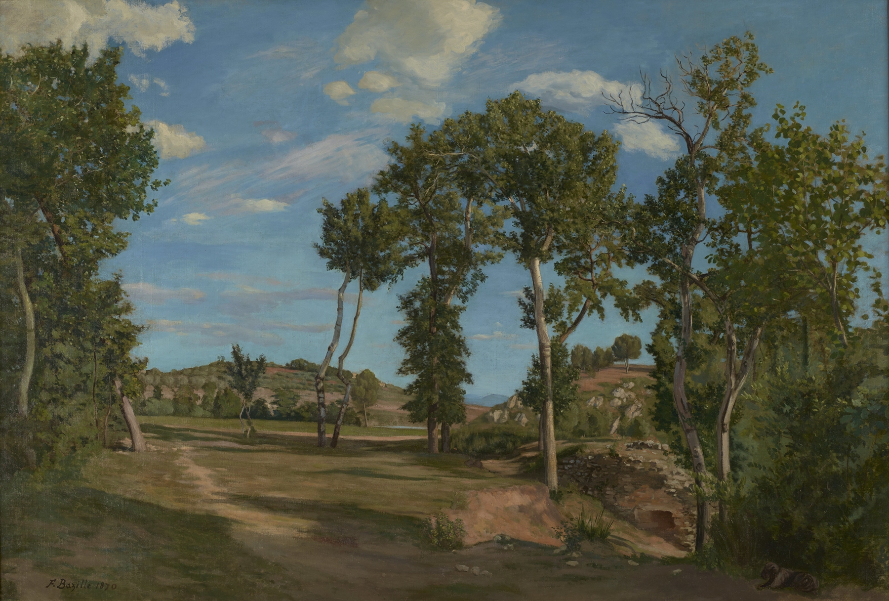 Landscape by Frédéric Bazille, oil on canvas, depicting the Lez River with greenery.
