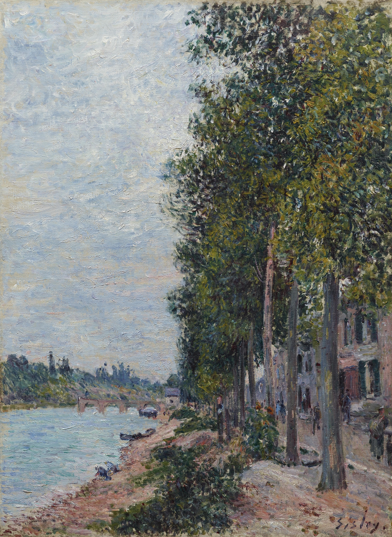 Road Along the Seine at Saint-Mammes, oil painting by Alfred Sisley depicting a serene landscape with trees and a river.