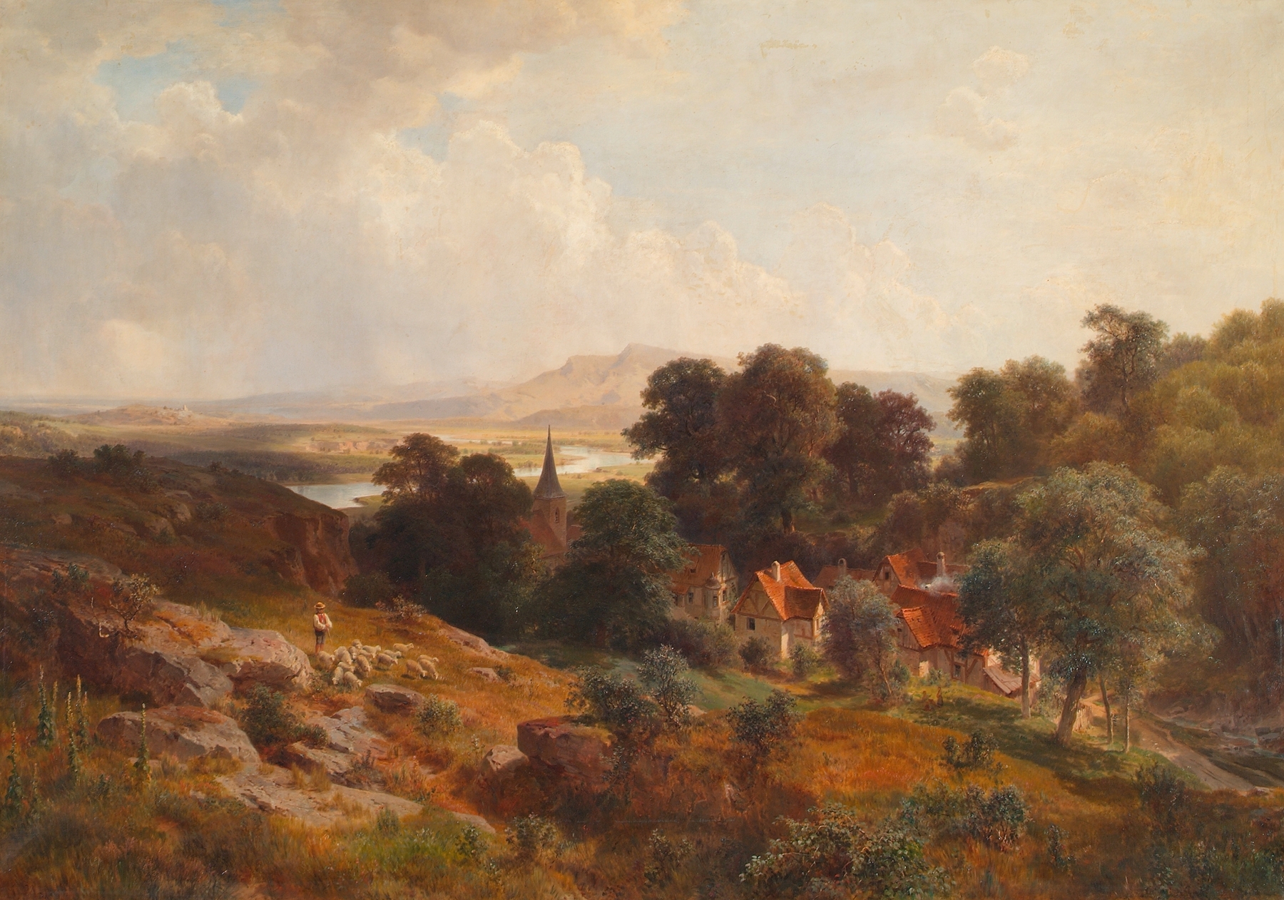 Sommerlandschaft by Ludwig Halauska, oil painting depicting a serene landscape with grasses and trees