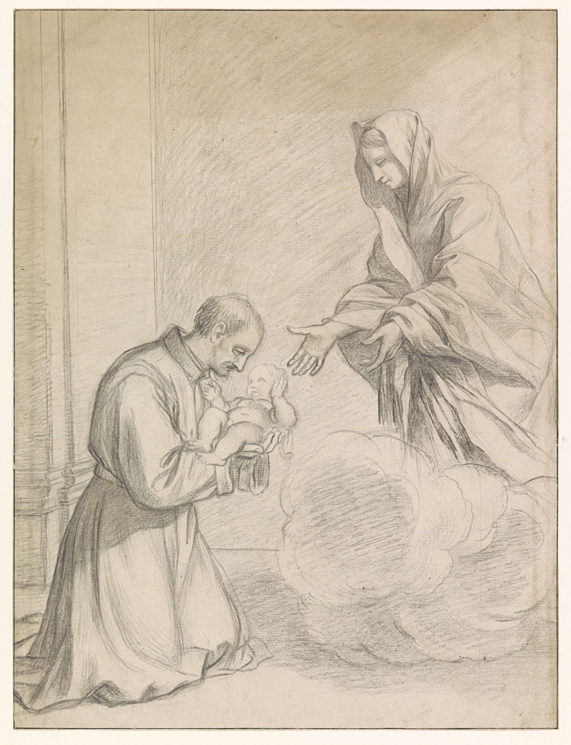 Religious scene of Mary receiving the Christ child, paper by Claude Mellan