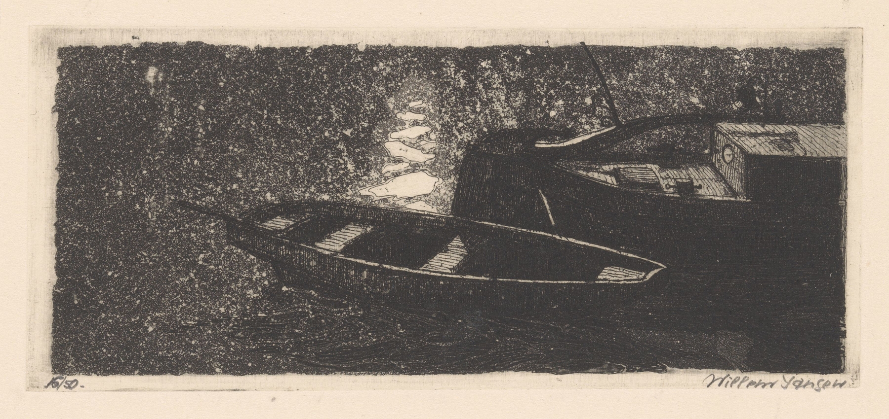 Rowboat on a turbulent sea, oil painting by Willem Jansen