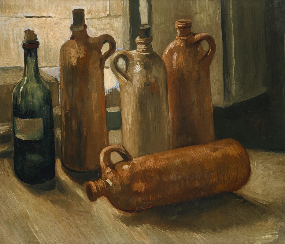 Vincent van Gogh's 'Stillleben mit fünf Flaschen' showcases a vibrant arrangement of bottles.
