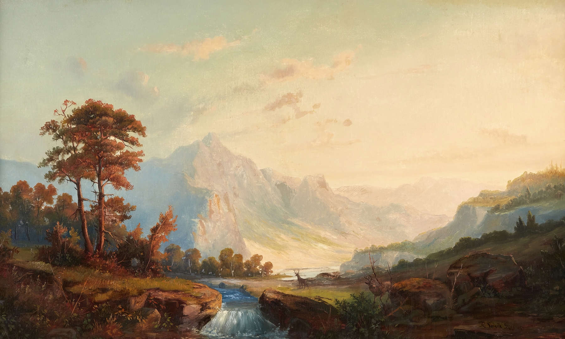 Mountain Stream by Robert Swain Gifford, oil on canvas depicting a stream through rocky terrain