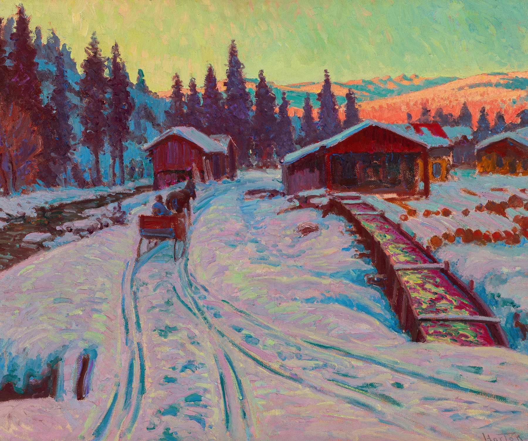 Sawmill- Gstaad, Winter by William Samuel Horton, oil on canvas depicting a snowy landscape