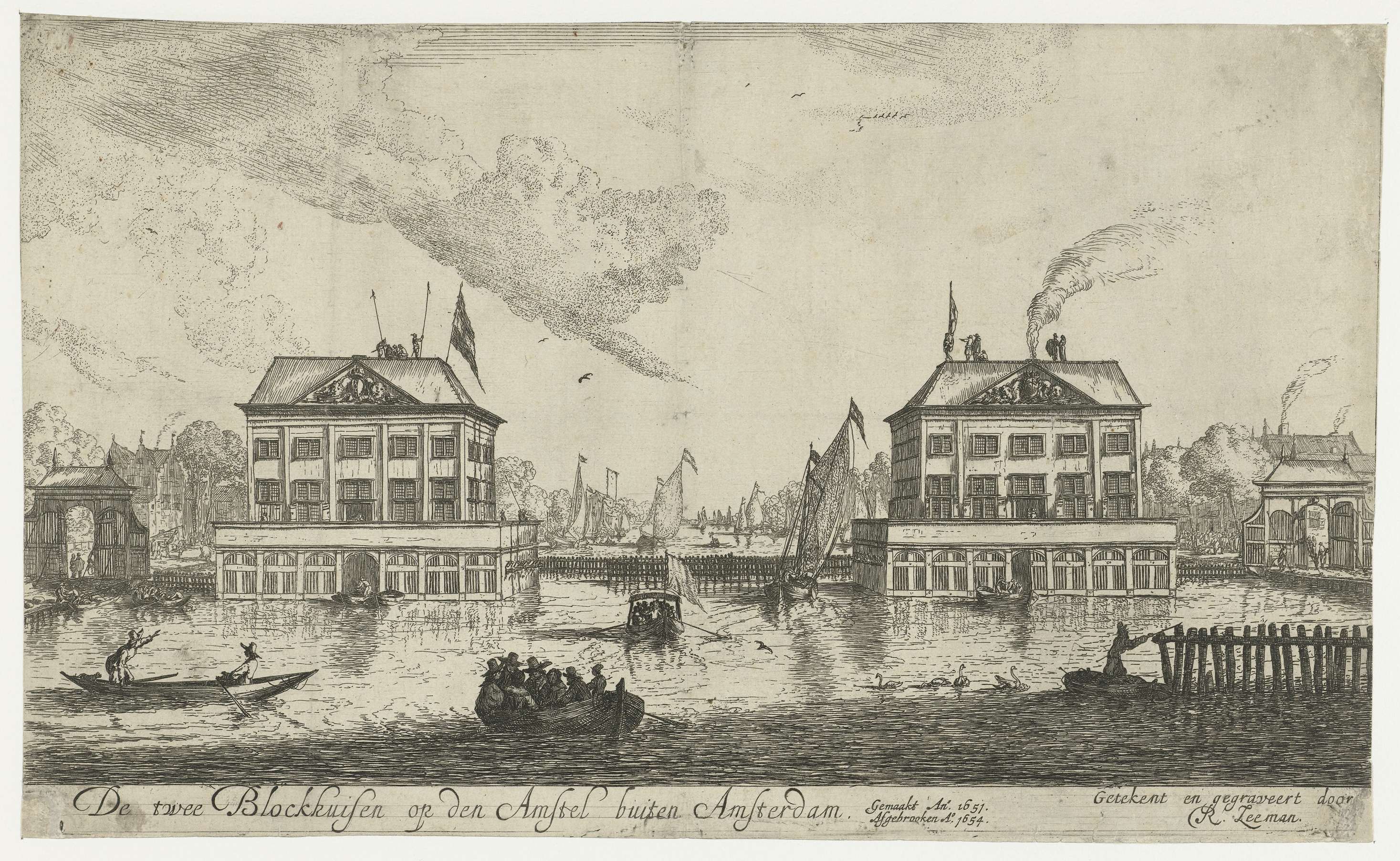 Etching by Reinier Nooms depicting two Blokhuizen by the Amstel river