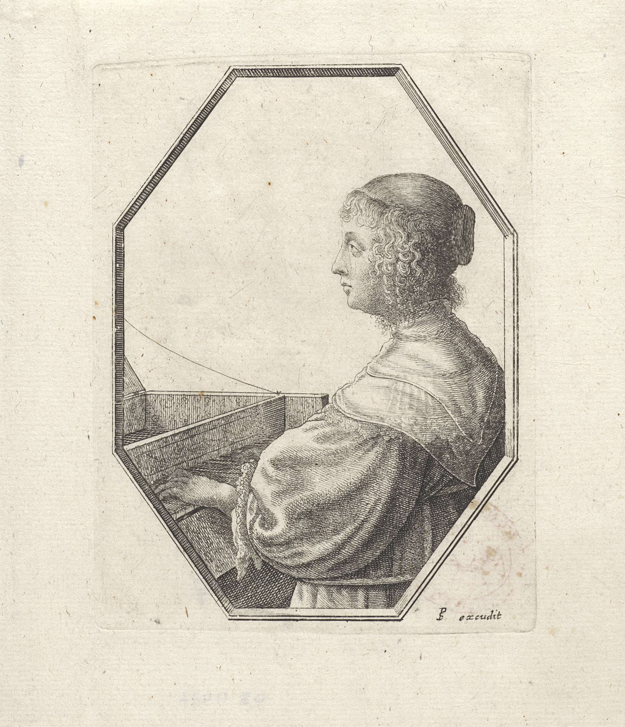 Portrait of a woman at a virginal, etching by Wenceslaus Hollar