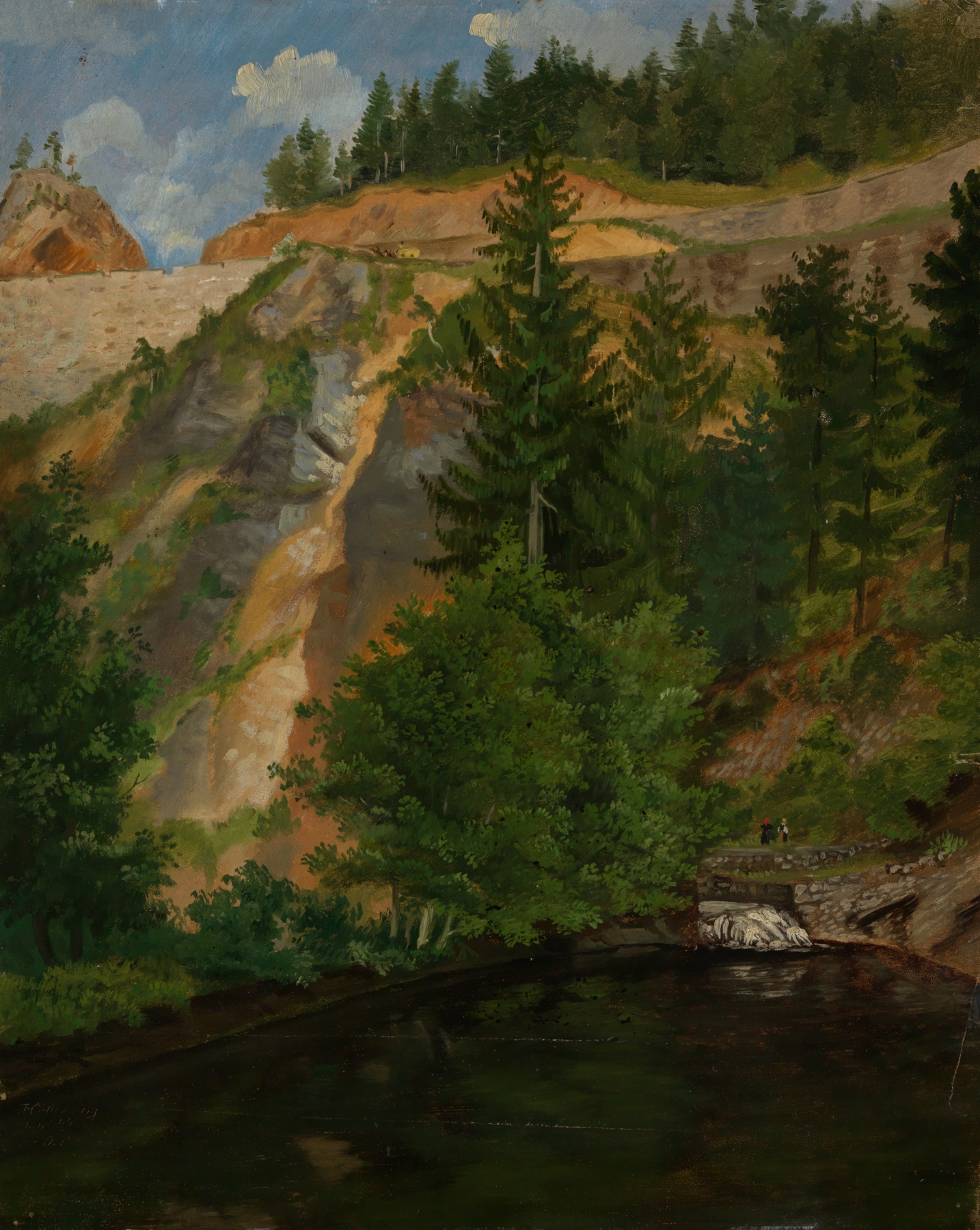 Landscape oil painting by Gustav Osterroht depicting rugged cliffs and dramatic shadows.