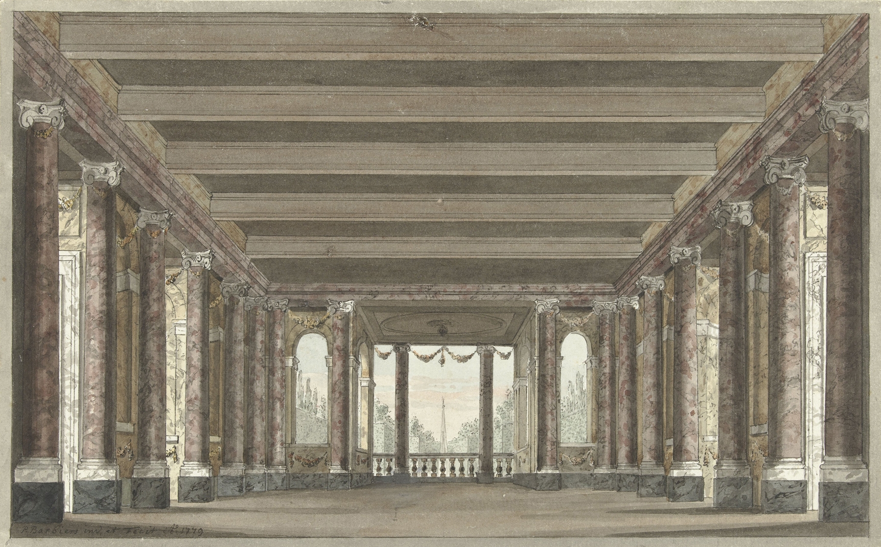Ontwerp voor een toneeldecor van een zuilengalerij met loggia, by Pieter Barbiers, public domain