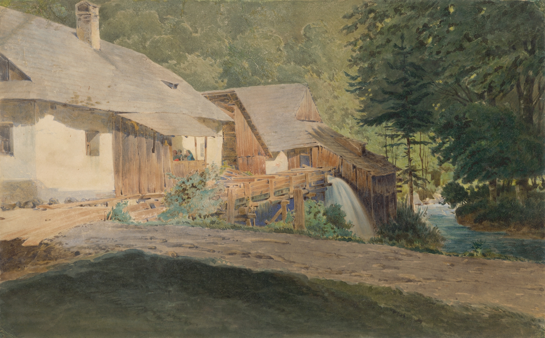 Landscape oil painting by Friedrich Carl von Scheidlin featuring a mill and forest reflection.