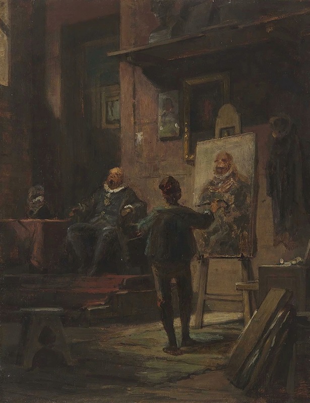 A painting depicting a solitary painter in a cozy interior.