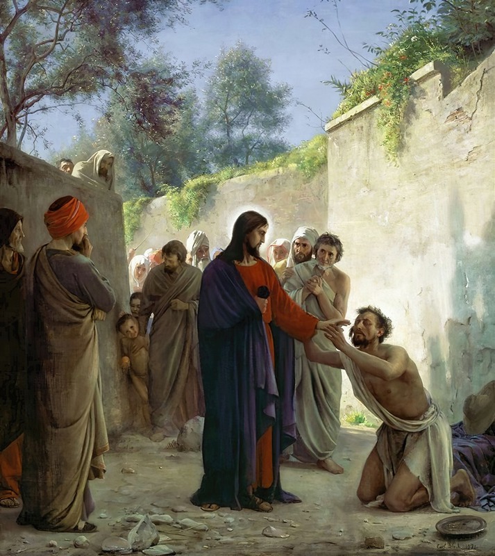 Carl Bloch's 'Christ Healing the Blind Man' depicts a biblical scene with vivid colors and emotional expressions.