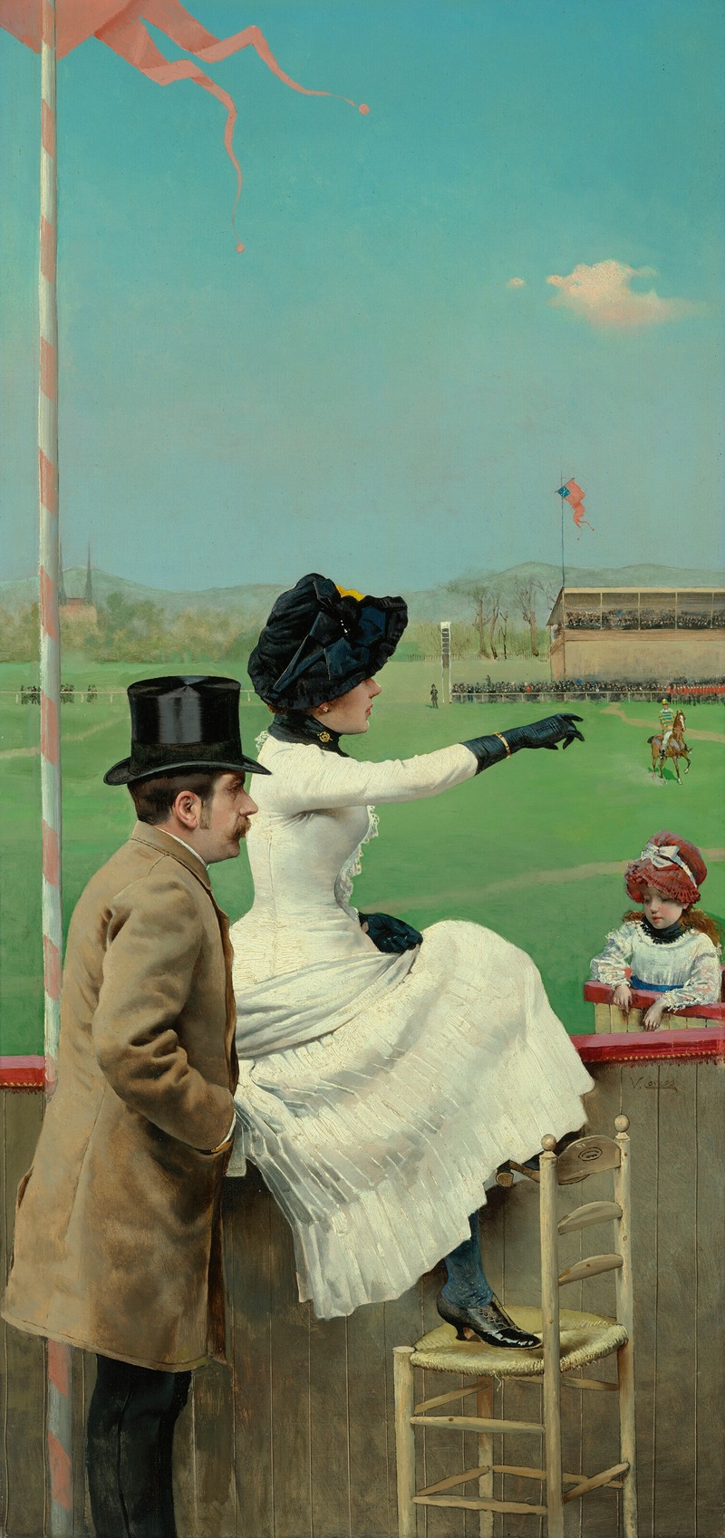 A lively depiction of a horse race captured in a moment of excitement.