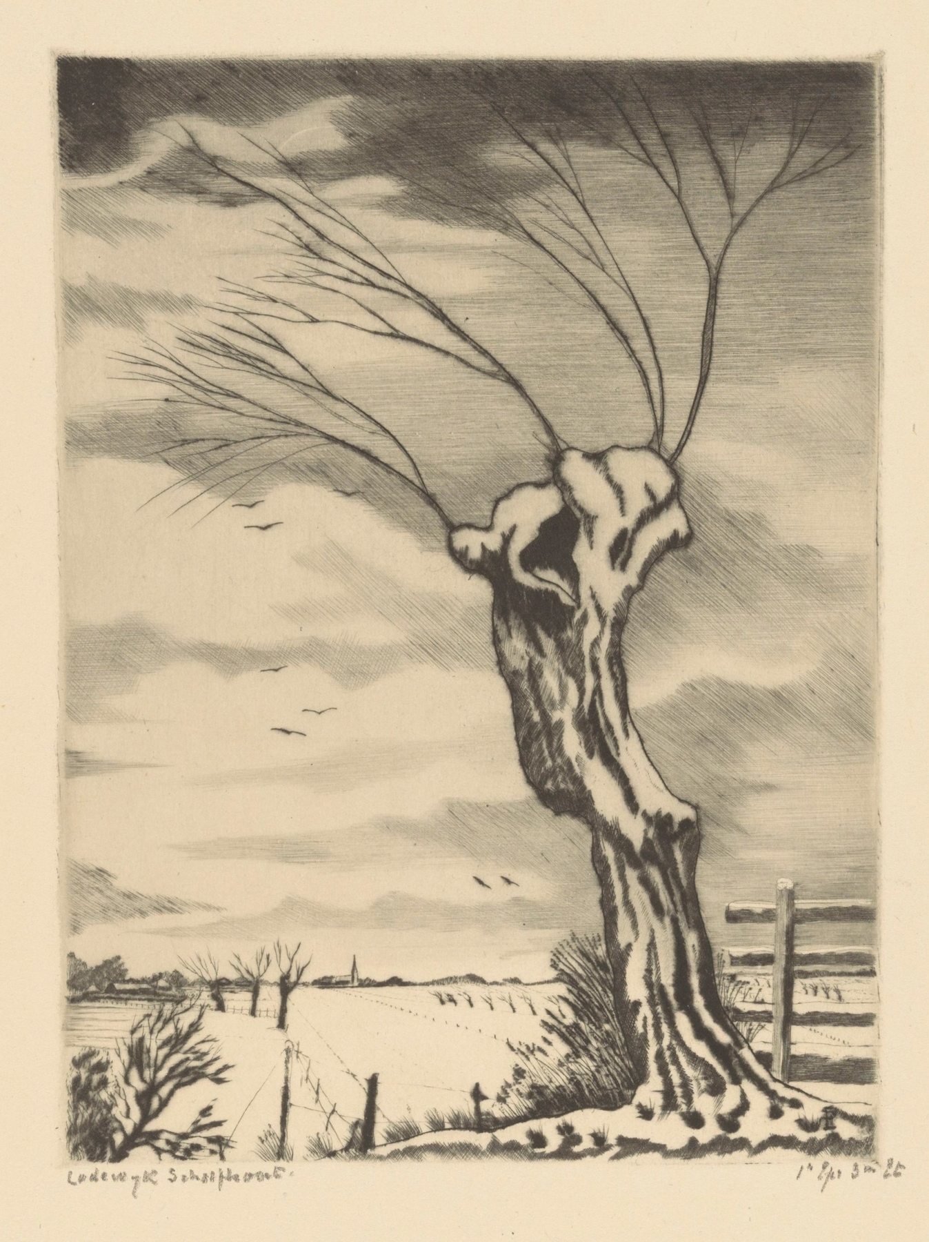 Willow tree in winter landscape, oil painting by Lodewijk Schelfhout