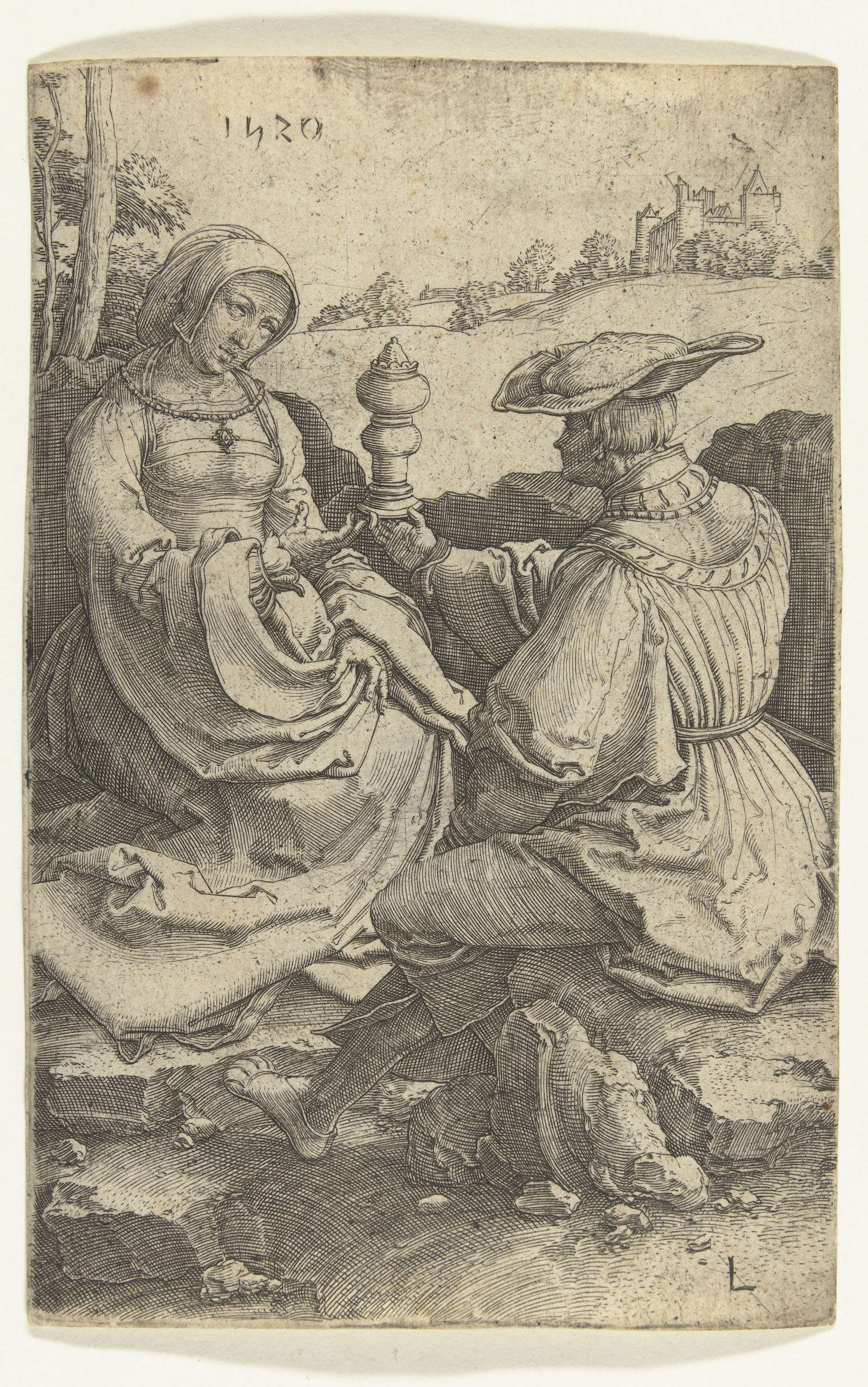 Engraving by Lucas van Leyden showing a noble couple in a lush landscape.