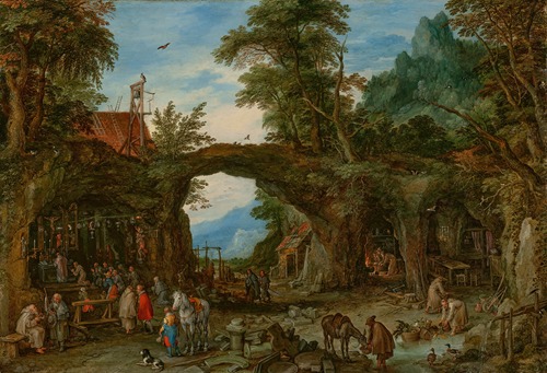 A mountainous landscape featuring hermits and a mass at a shrine.