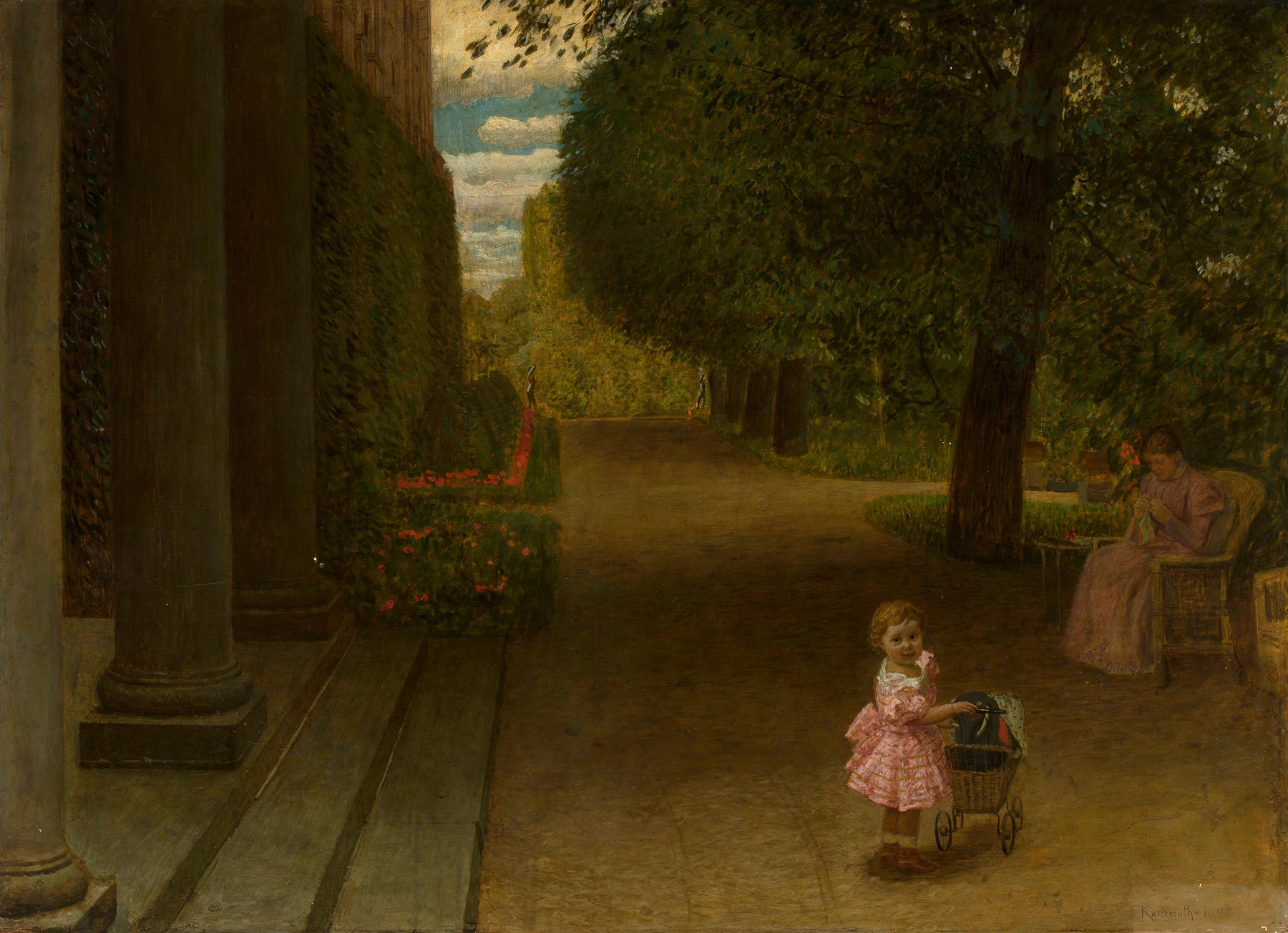Botanical scene with flowers and children by Leopold von Kalckreuth, oil painting