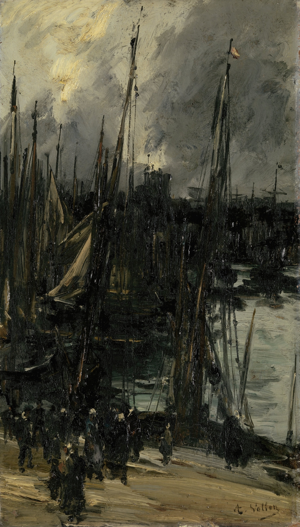 Harbour view in Dunkerque by Antoine Vollon, oil on canvas depicting serene waters and boats at twilight.