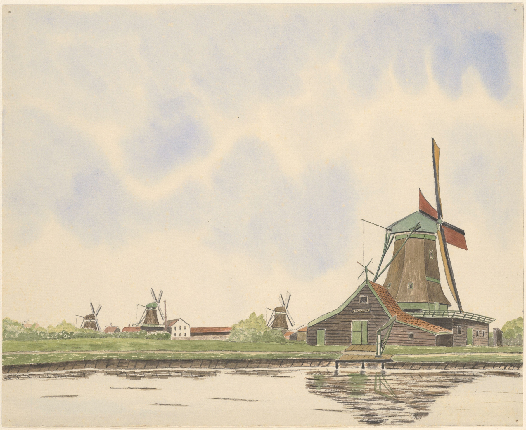 Landscape with windmill and church, oil on canvas by Johannes Nicolaas Eijman