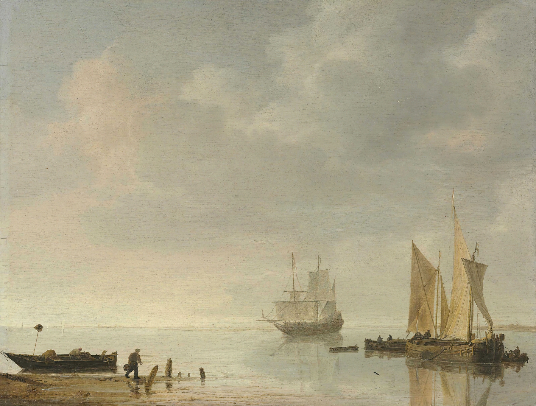 Coastal Scene With Ships Resting On Calm Waters, by Simon de Vlieger, public domain
