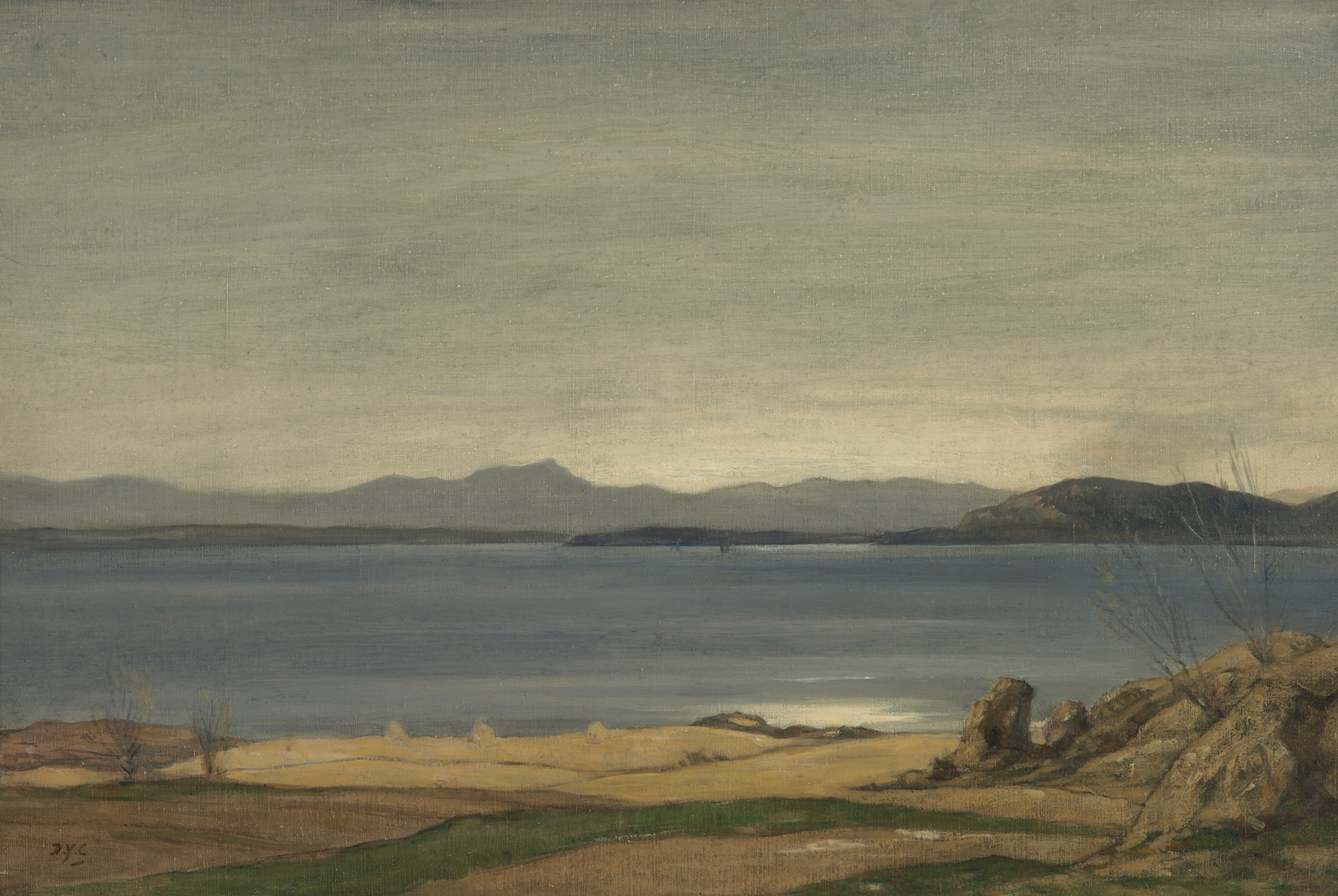 Loch Nell etching by David Young Cameron showing calm water and reflective sky