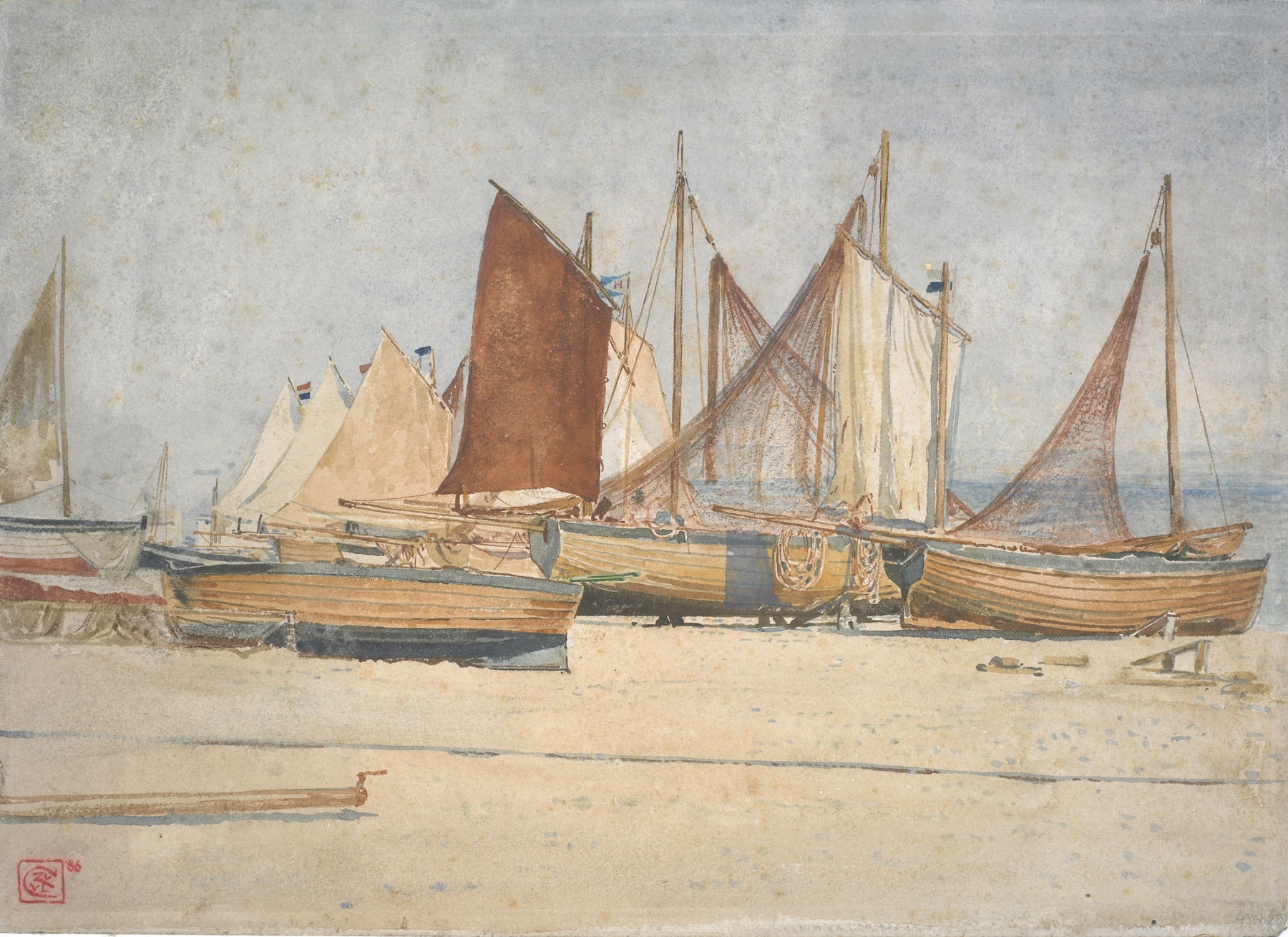 Southwold – a study of sails by Walter Crane, watercolor on paper depicting vibrant sails and boats.