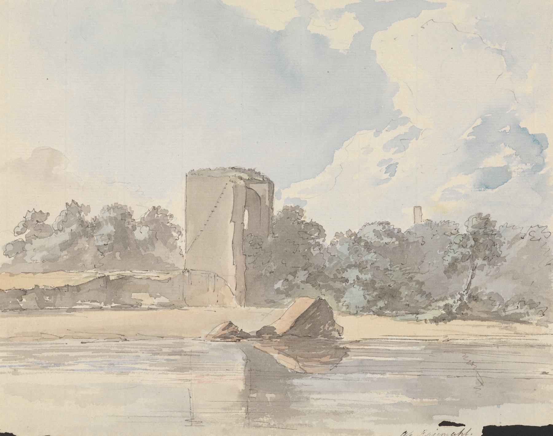 Landscape of Rajmahal by Samuel Davis, oil on canvas, showcasing light and shadow interplay.