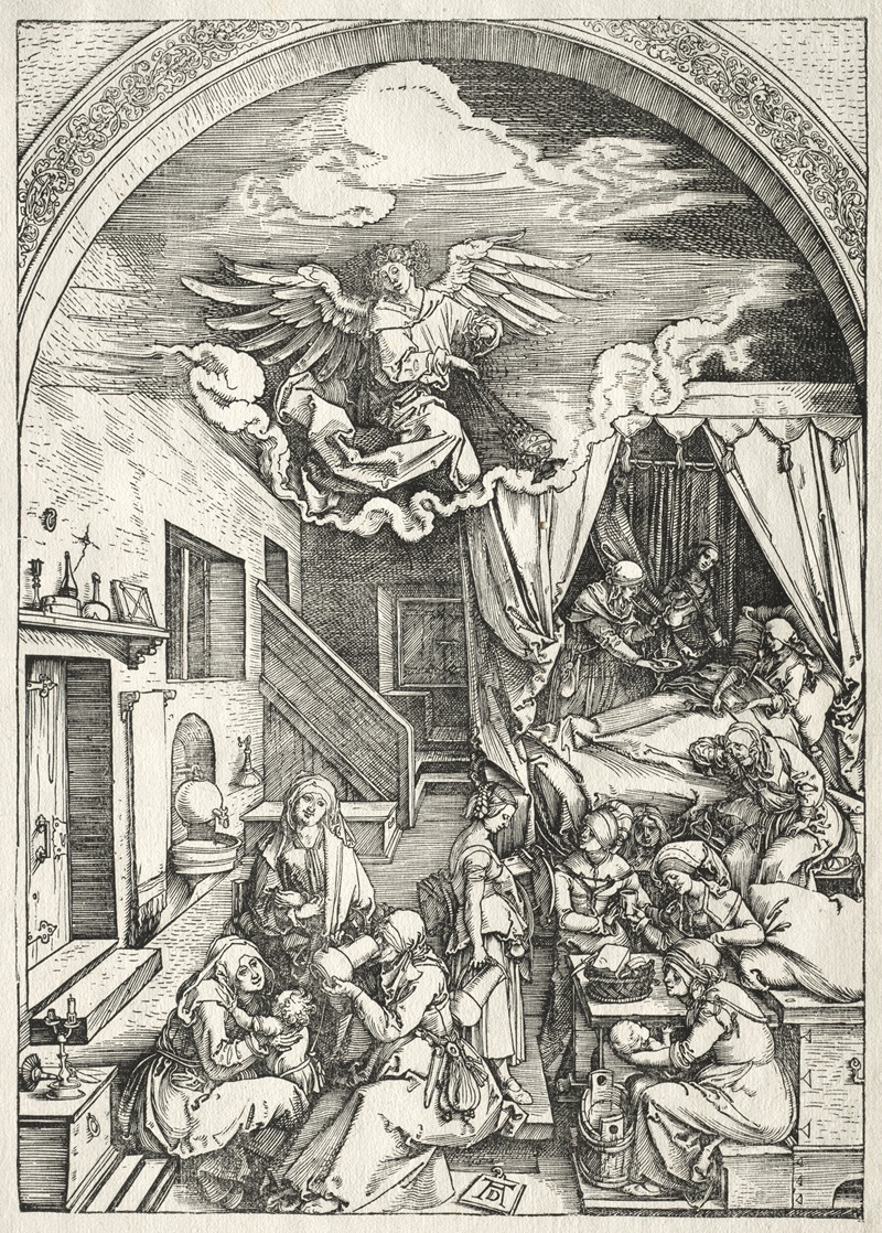 Albrecht Dürer's 'Nativity of the Virgin' depicts a serene scene of the Virgin Mary's birth.