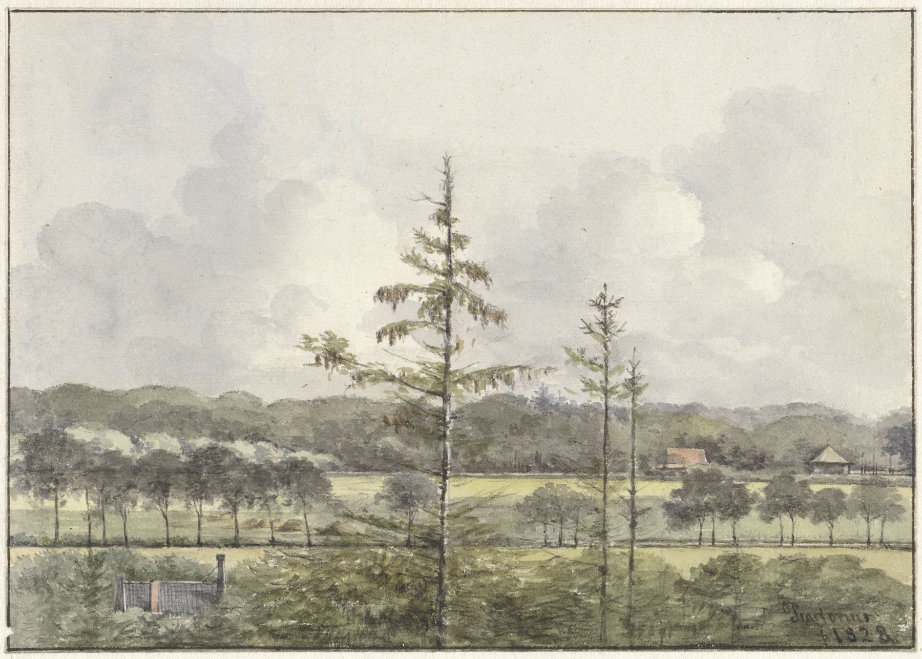 Landscape oil painting by Pieter Ernst Hendrik Praetorius depicting fields and farmhouses
