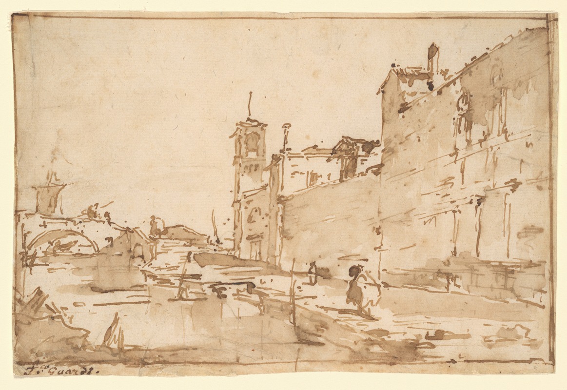 Francesco Guardi's painting depicts a serene Venetian landscape with a bridge.